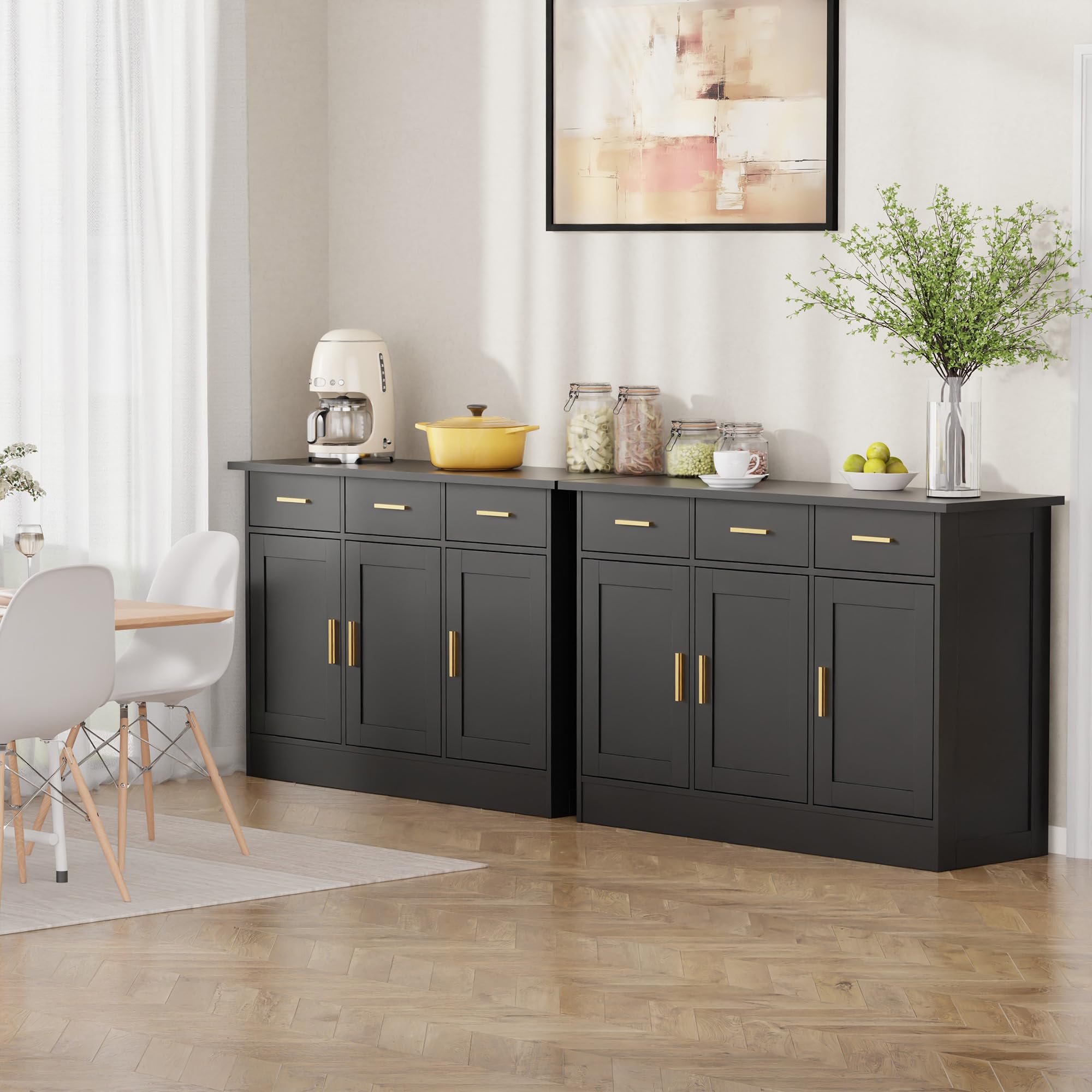 **Black 3-Door Wood Buffet Cabinet with Storage - Sideboard Kitchen Storage, Coffee Bar Console Table for Living Room, Dining Room & Entryway | Large Accent Cabinet with Drawers for Home Decor & Entertaining**