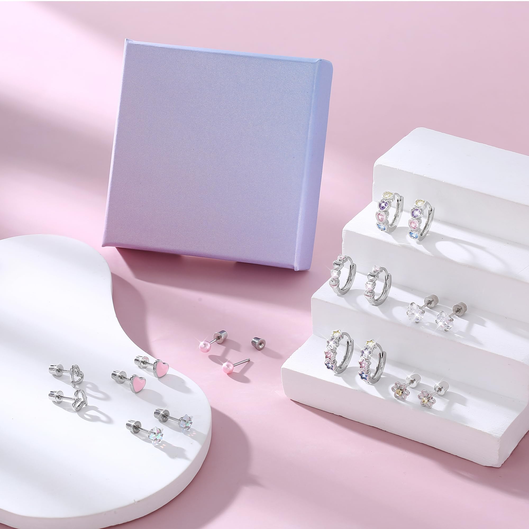 Hypoallergenic Surgical Stainless Steel Earrings for Women & Girls - Sensitive Ear Friendly Screw Back Stud & Heart Hoop Earrings Set | Cute Jewelry Gift for Teens, Kids & Toddlers | Perfect for School, Parties & Everyday Wear