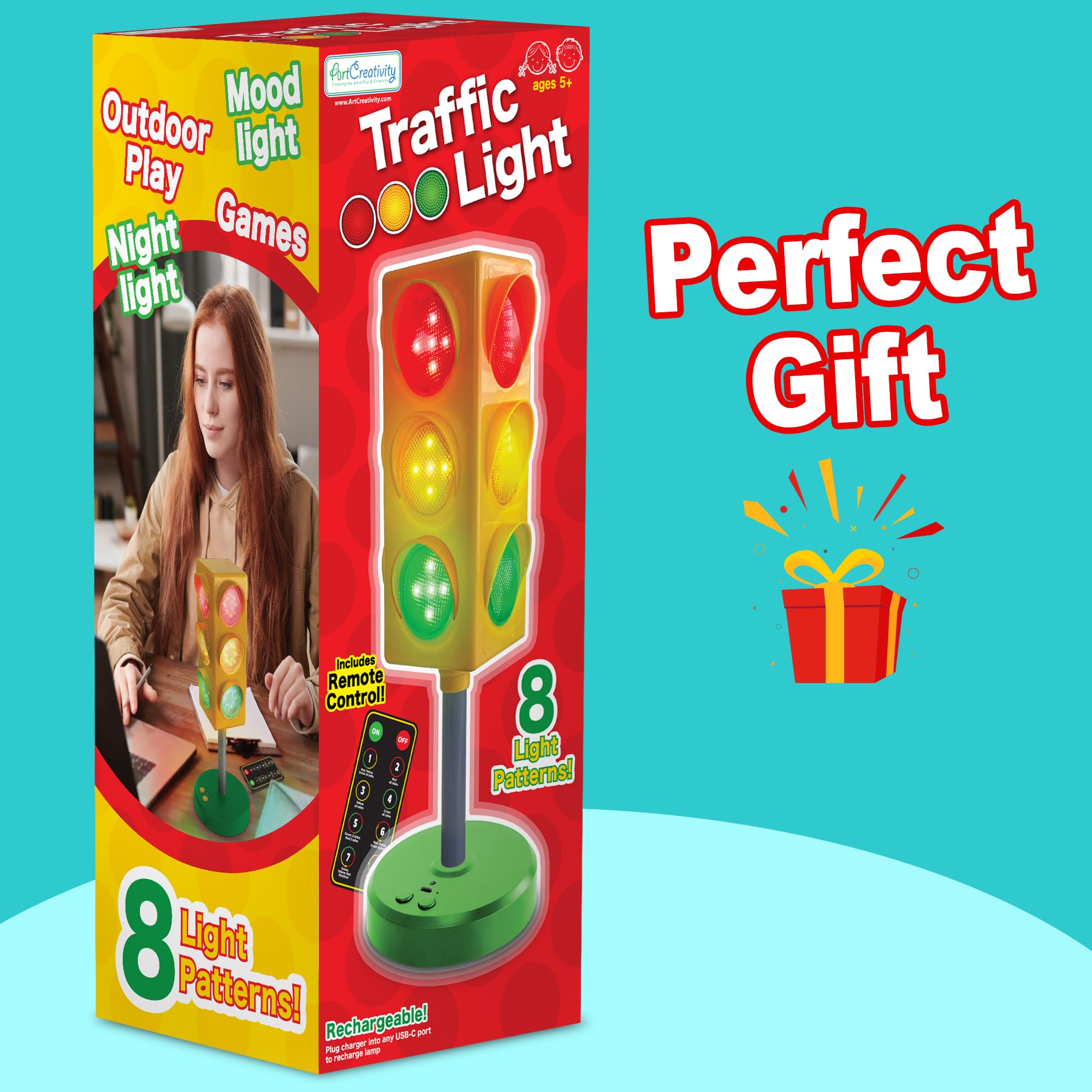 ArtCreativity Traffic Light Lamp for Kids - Remote Control, 8 Patterns - Perfect for Classroom & Bedroom Decor