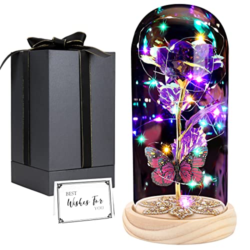 Eternal Rose in Glass Dome - Purple Galaxy Rose Gift for Women, Mom, Valentine's Day, Birthday, Christmas & Anniversary | Beauty and The Beast Inspired LED Light Up Rose | Perfect for Home Decor, Wedding Centerpiece & Romantic Gift