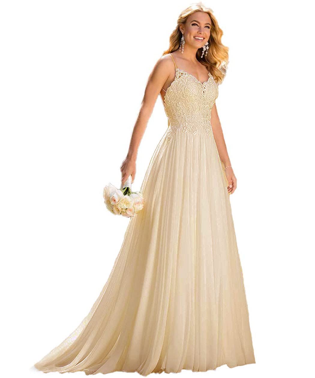 2022 Fashionbride Women's Boho Wedding Dresses - Spaghetti Strap Lace Appliques Chiffon Beach Bridal Gowns for Bride | Perfect for Beach Weddings, Destination Elopements & Boho-Chic Ceremonies