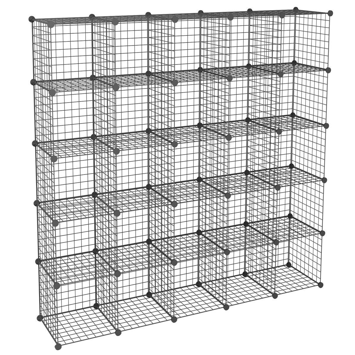 KOUSI 25-Cube DIY Wire Storage Shelf - Modular Metal Grid Organizer, Stackable Cubby Shelving for Closet, Office, Garage - Black