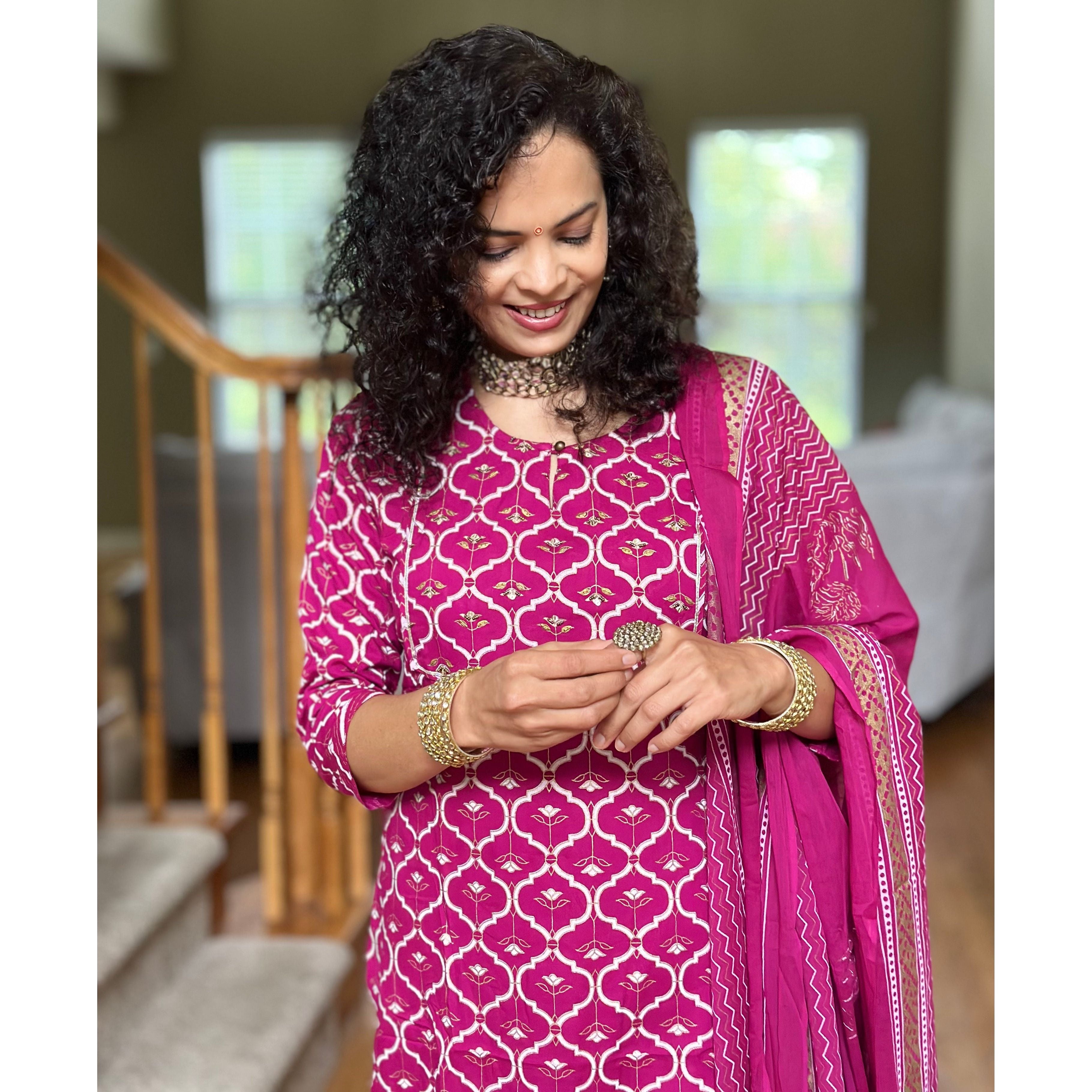 Elegant Pink and Gold Embroidered Kurta Set for Women | Festive Ethnic Wear | Perfect for Diwali, Weddings & Special Occasions