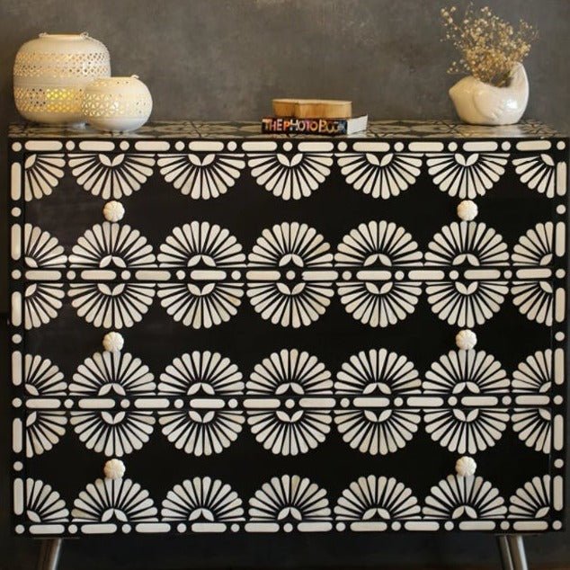 Handmade Bone Inlay Floral Design Black 3-Drawer Dresser - Vintage Boho Bedroom Furniture for Storage & Decor