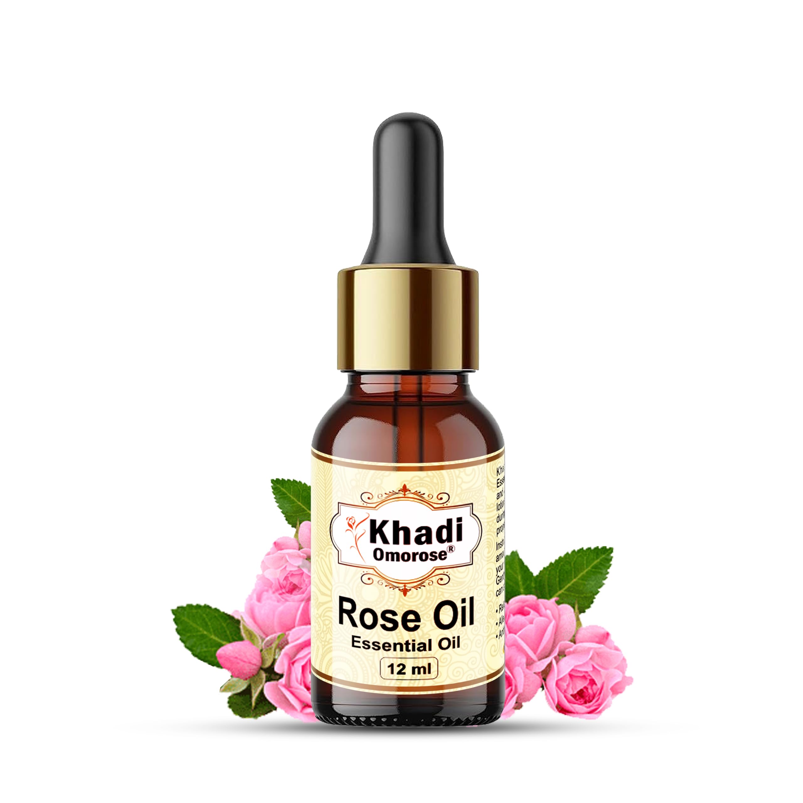 Khadi Omorose Pure Rose Essential Oil for Skin Care & Aromatherapy - 12ml with Self-Dispensing Dropper - Perfect for Massage, Diffusers & DIY Beauty Recipes