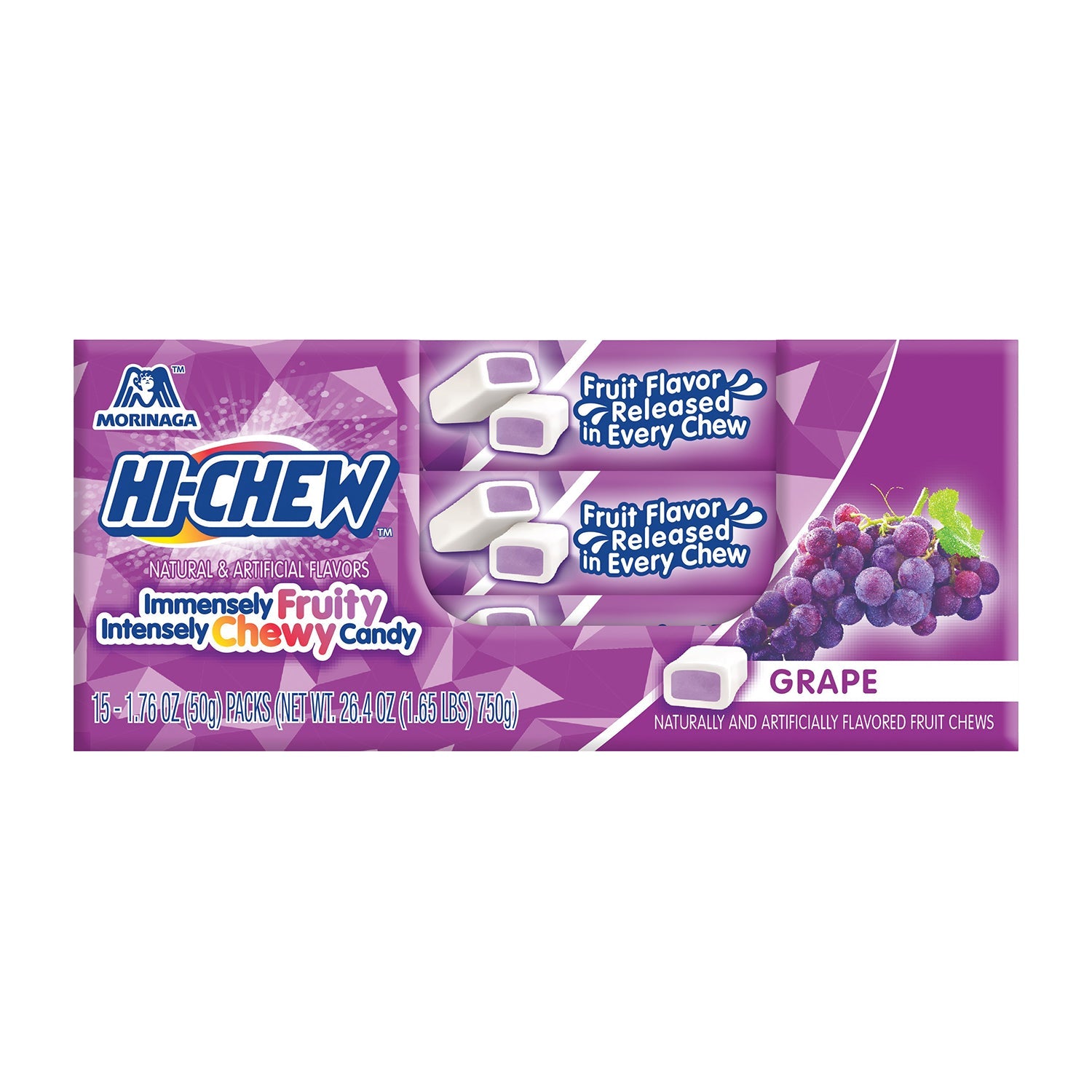 Hi Chew Grape Flavor Chewy Candy - 15 Count Box | Japanese Soft Candy Snacks for Parties, Office Treats & On-the-Go Energy Boost