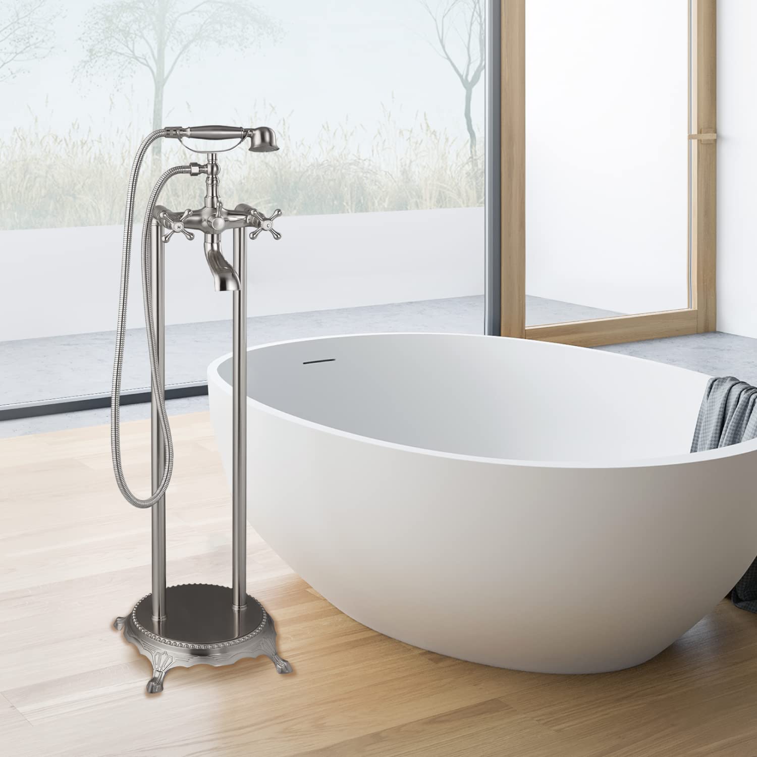 Brushed Nickel Freestanding Bathtub Faucet - Floor Mount Tub Filler with Double Cross Knobs & Handheld Shower - Modern Telephone Shape Bath Mixer Tap for Spa-Like Bathroom Relaxation