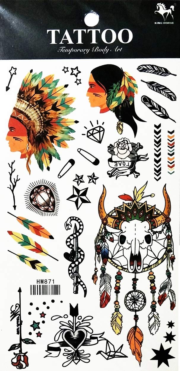 PARITA Temporary Tattoos - Native American Indian Head Fake Tattoo Stickers for Adults & Kids, Waterproof Cartoon Body Art for Parties, Halloween, Cosplay & Costume Events (1 Sheet) - Fashion Fantasy Fun Design #09