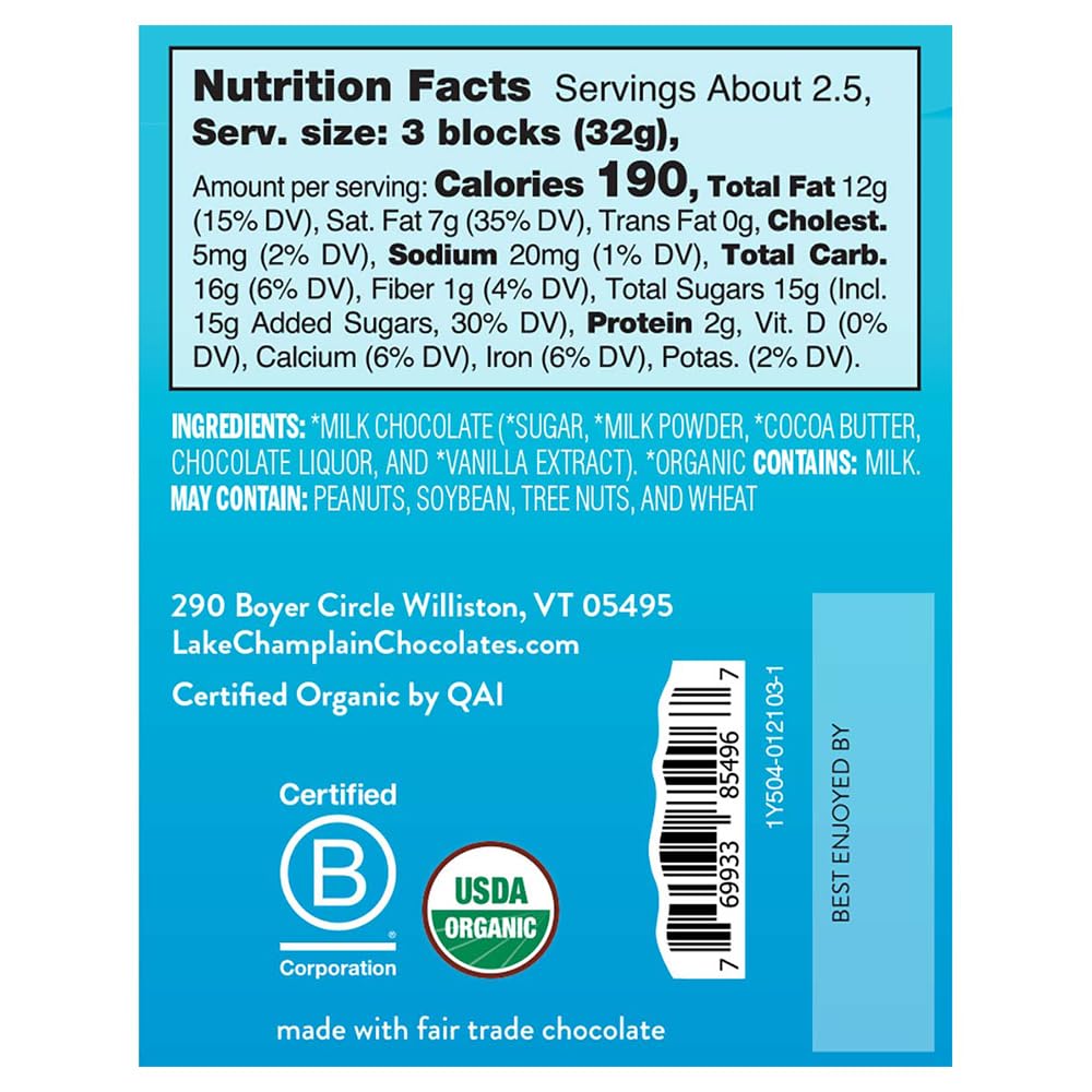 Organic Milk Chocolate Bar 38% Cocoa - Lake Champlain Chocolates, 3 oz - Perfect for Gifts, Desserts & Snacking