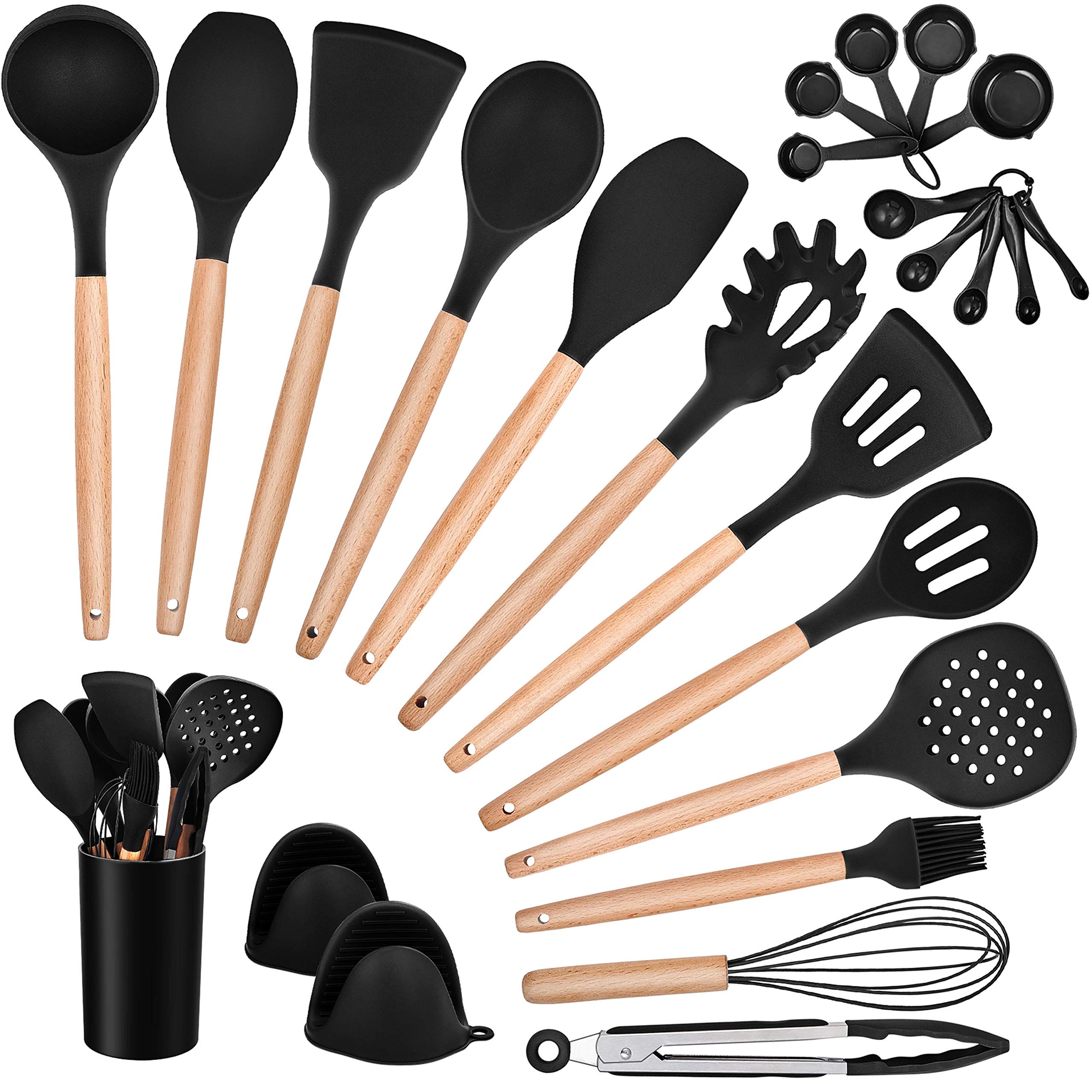 Homikit 25-Piece Kitchen Cooking Utensils Set with Holder - Silicone Spatula, Spoon, Ladle, Turner & Skimmer for Nonstick Cookware - Wooden Handle Kitchen Tools Gadgets (Black) - Perfect for Baking, Frying & Everyday Cooking