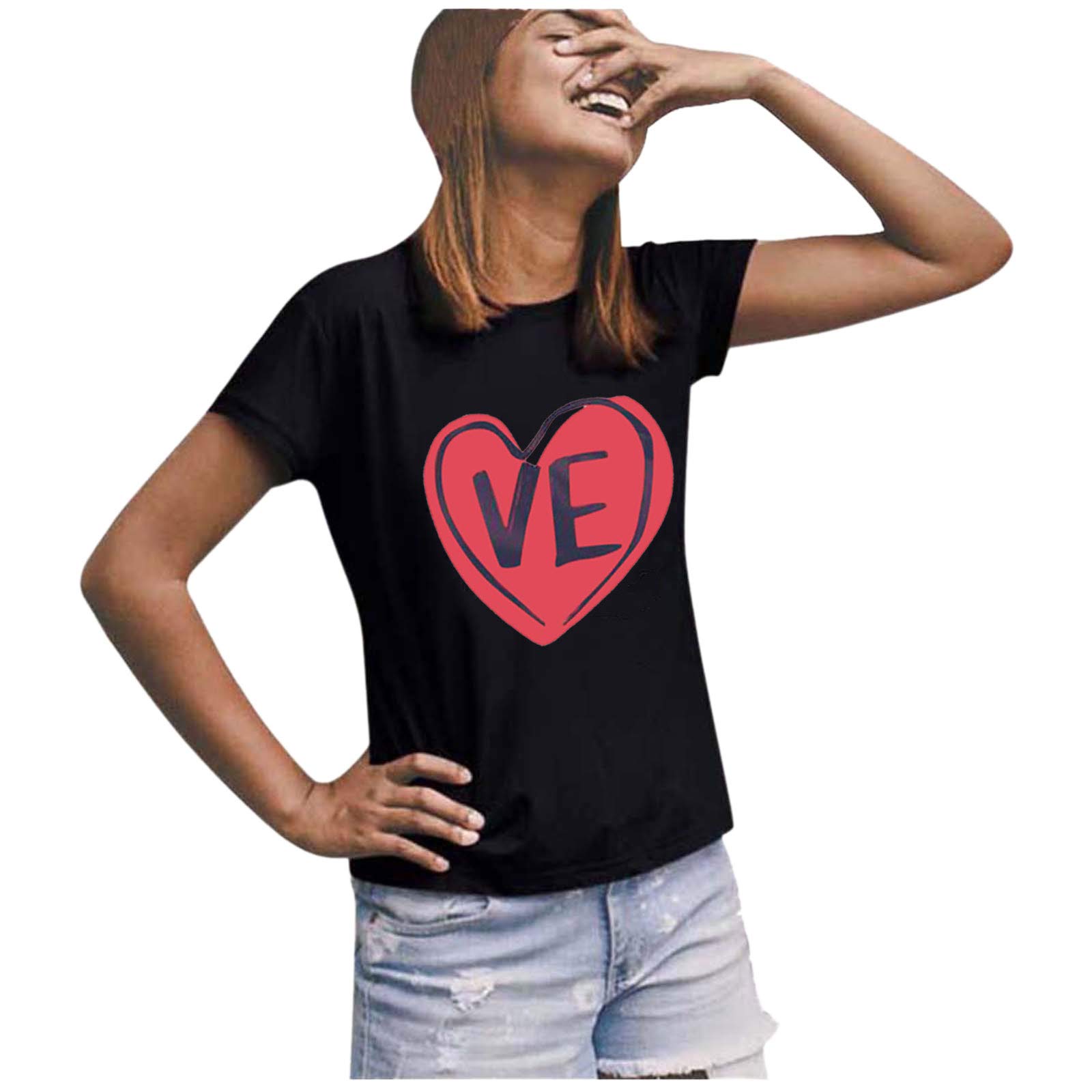 Valentine's Day Short Sleeve Printed T-Shirt for Women - Cute Letter Graphic Blouse, Casual & Dressy Tops for Date Night, Party, or Gift