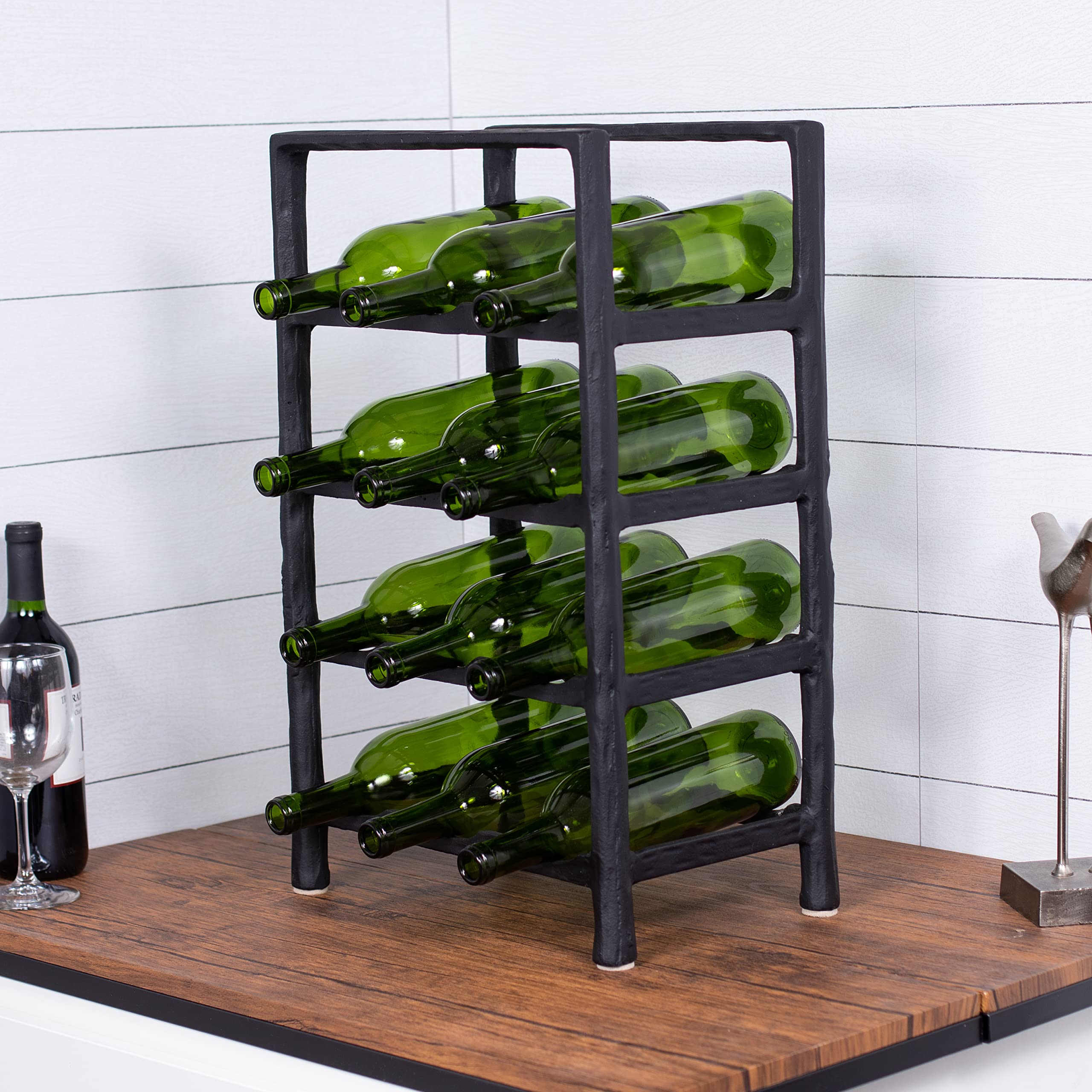 BIRDROCK HOME 12 Bottle Wine Rack - Sturdy Black Forged Metal Free Standing Wine Holder - Vertical Storage Cabinet for Kitchen Countertop, Bar, Dining Room & Home Decor