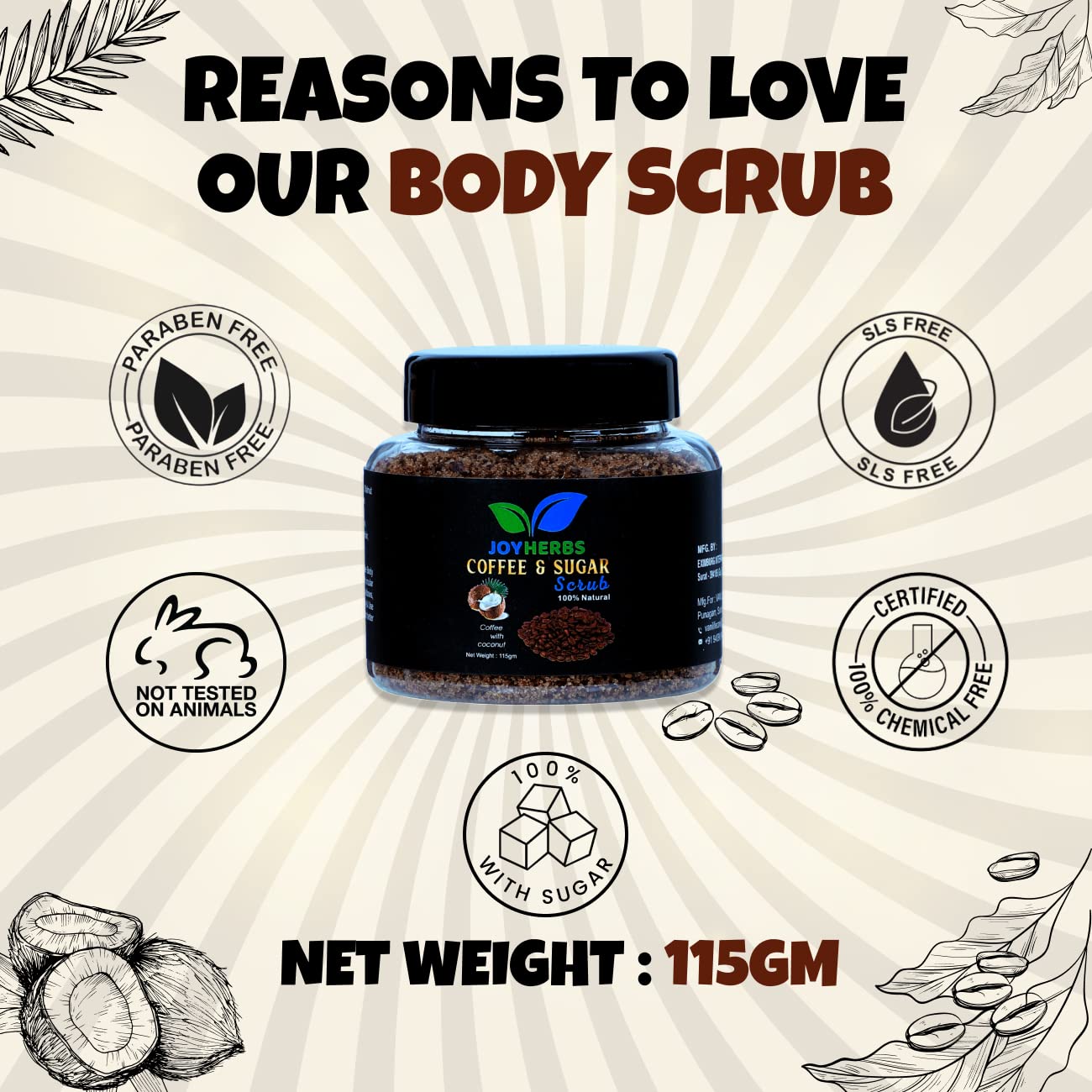 JOYHERBS Exfoliating Coffee & Sugar Body Scrub - Natural Tan Removal & Skin Brightening | Coconut Oil Enriched for Soft, Smooth Skin | Unisex Skincare | Removes Dead Cells & Impurities (115g) | Perfect for Post-Sun Care & Pre-Party Glow Prep