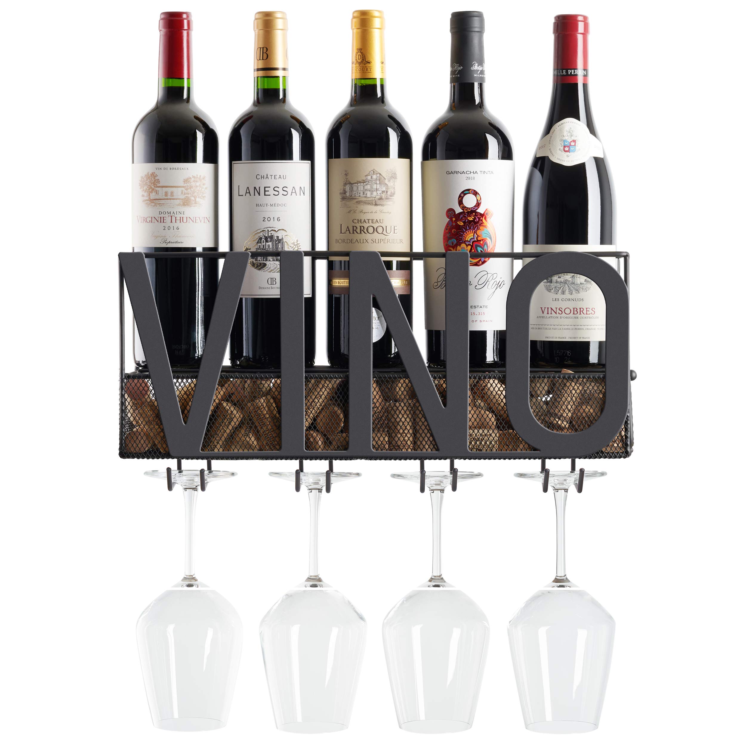 MKZ Wall Mounted Wine Rack - Space Saving Wine Bottle Holder with Hanging Stemware Glasses Storage & Cork Organizer | Modern Home Bar Decor for Kitchen, Dining Room & Wine Cellar Organization