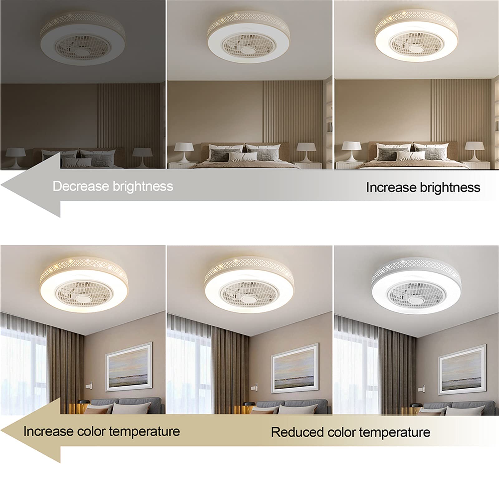 Dimmable 20 Inch Bladeless Ceiling Fan with Light & Remote Control - Modern Acrylic Chandelier Fan, 3 Color Changing, Low Profile Semi-Flush Mount for Bedroom, Living Room & Nursery (White) | Energy Efficient & Quiet Operation