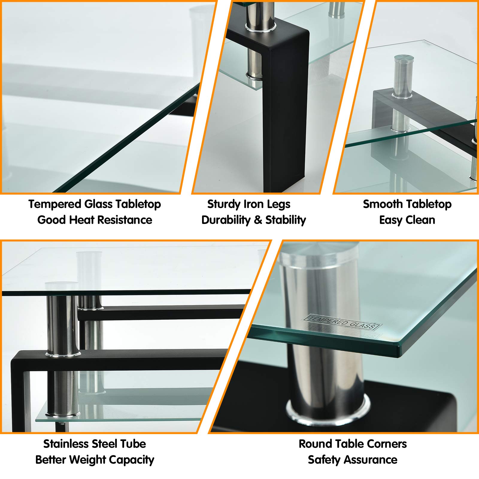 Tangkula Modern Rectangular Glass Coffee Table with Lower Shelf - Tempered Glass Top & Sturdy Metal Legs - Perfect for Living Room, Office, or Lounge (Black) - Ideal for Coffee, Books, and Decor Display