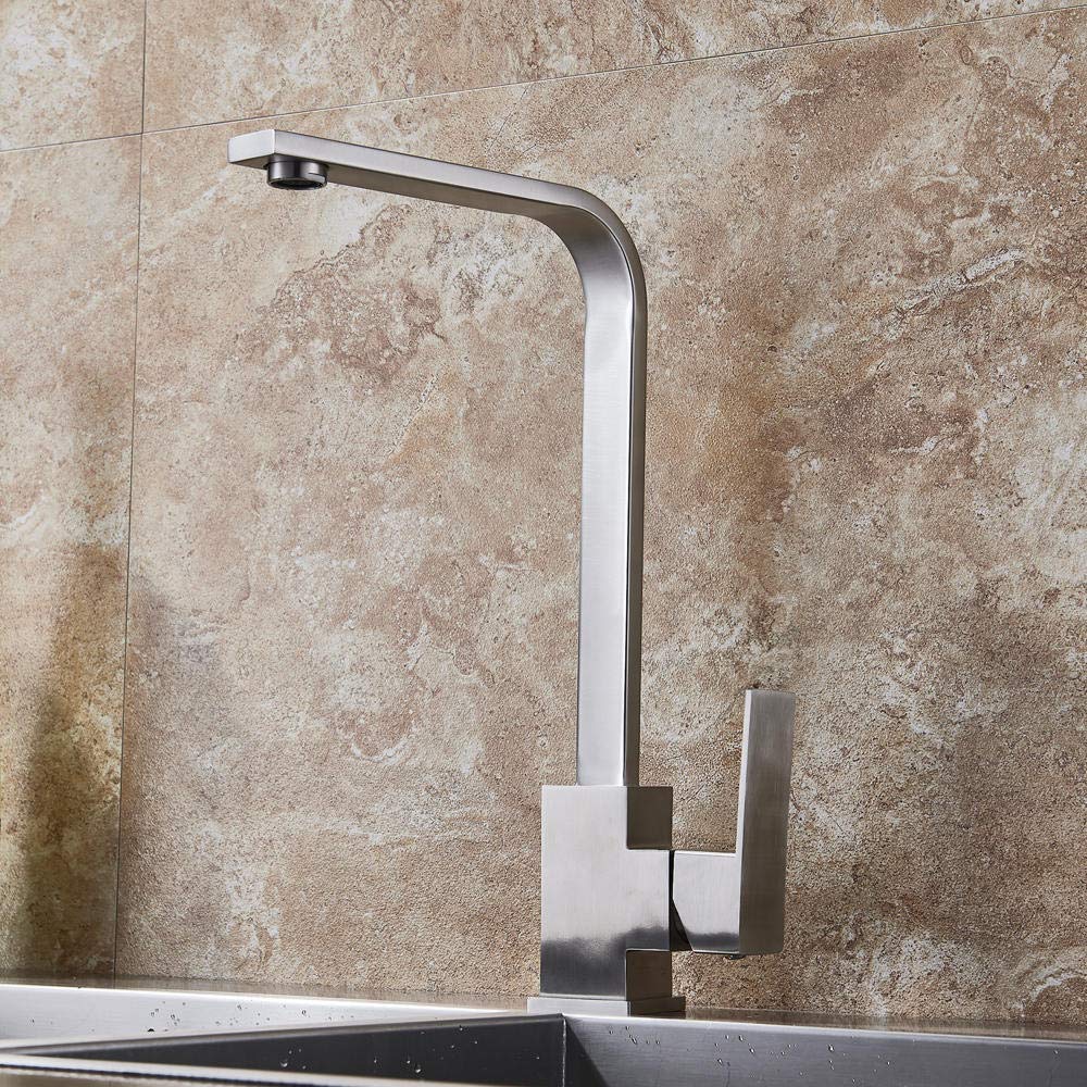 360° Rotating Brushed Nickel Kitchen Faucet - Single Lever Deck Mount Mixer Tap for Hot & Cold Water - Perfect for Modern Kitchens & Bathrooms (One Hole Installation)