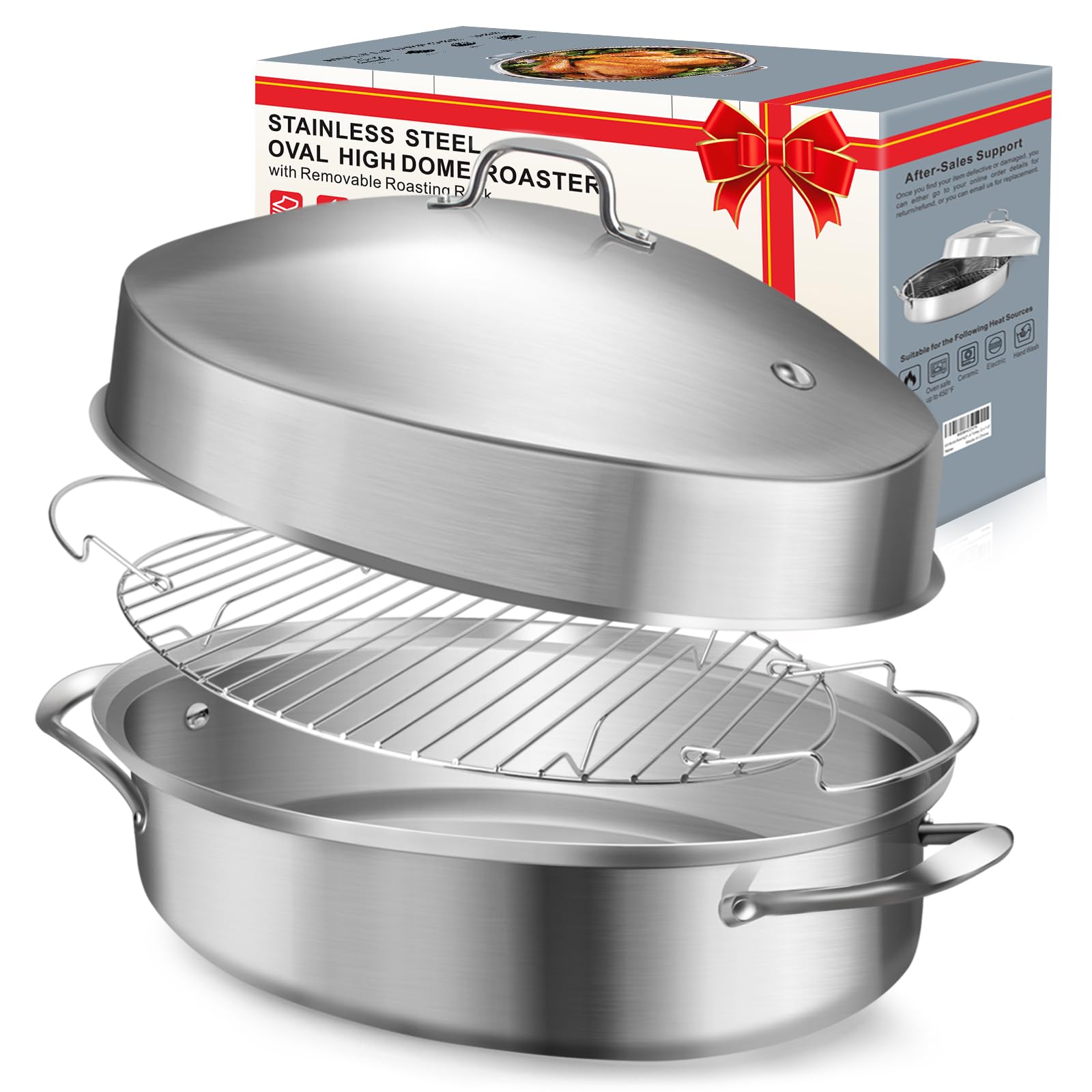 21 Inch Stainless Steel Large Roasting Pan with Rack & Lid - Nonstick Oval Roaster for Turkey, Chicken - Perfect Oven Cookware Gift for Mom, Wife, Women - Ideal for Holiday Dinners, Family Gatherings & Sunday Roasts