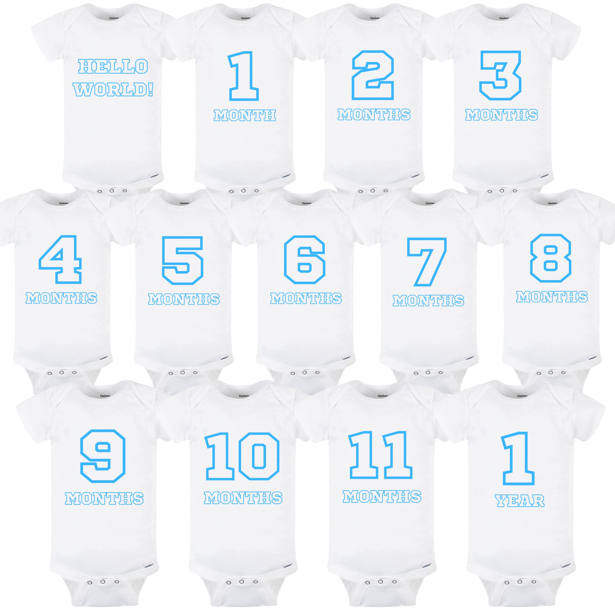 Baby Monthly Milestone Onesies - 13 Pack Custom Bodysuits for Newborn Boys (White & Sky Blue) | Baby Shower Decorations & Christmas Gifts | Perfect for Photo Shoots, First Birthday & Special Occasions