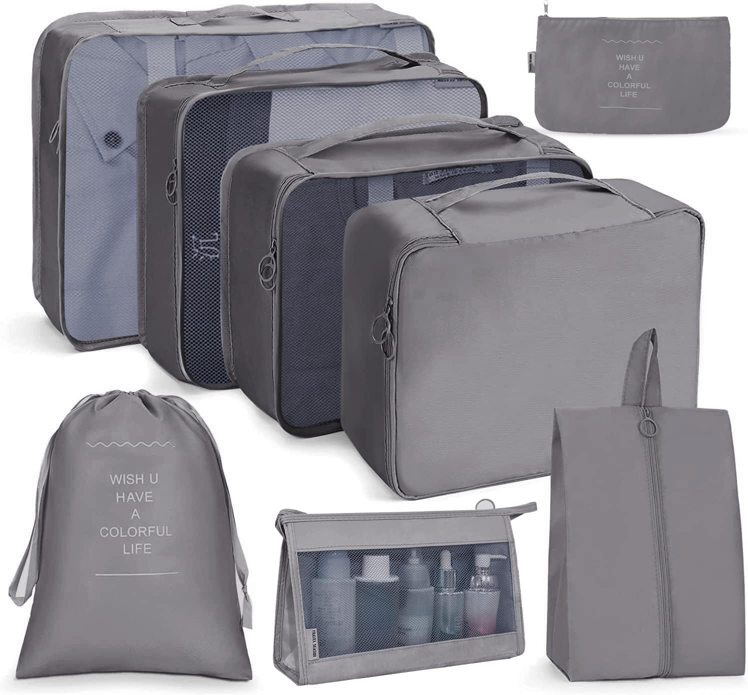 AVENUX 8-Piece Travel Organizer Set - Lightweight Packing Cubes with Laundry Bag & Toiletry Bag for Luggage Organization (Grey) - Perfect for Business Trips, Vacations & Family Travel