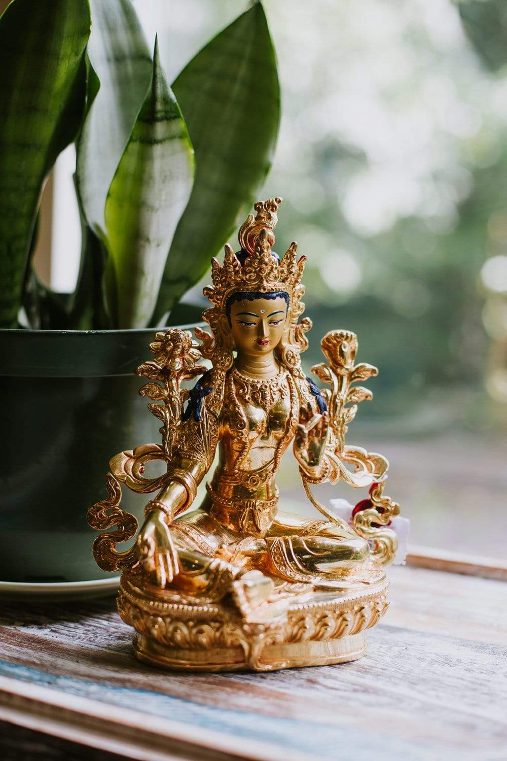 Green Tara Gold Plated Statue - Buddhist Goddess of Compassion Meditation Statue for Home Altar, Office Decor & Spiritual Gift