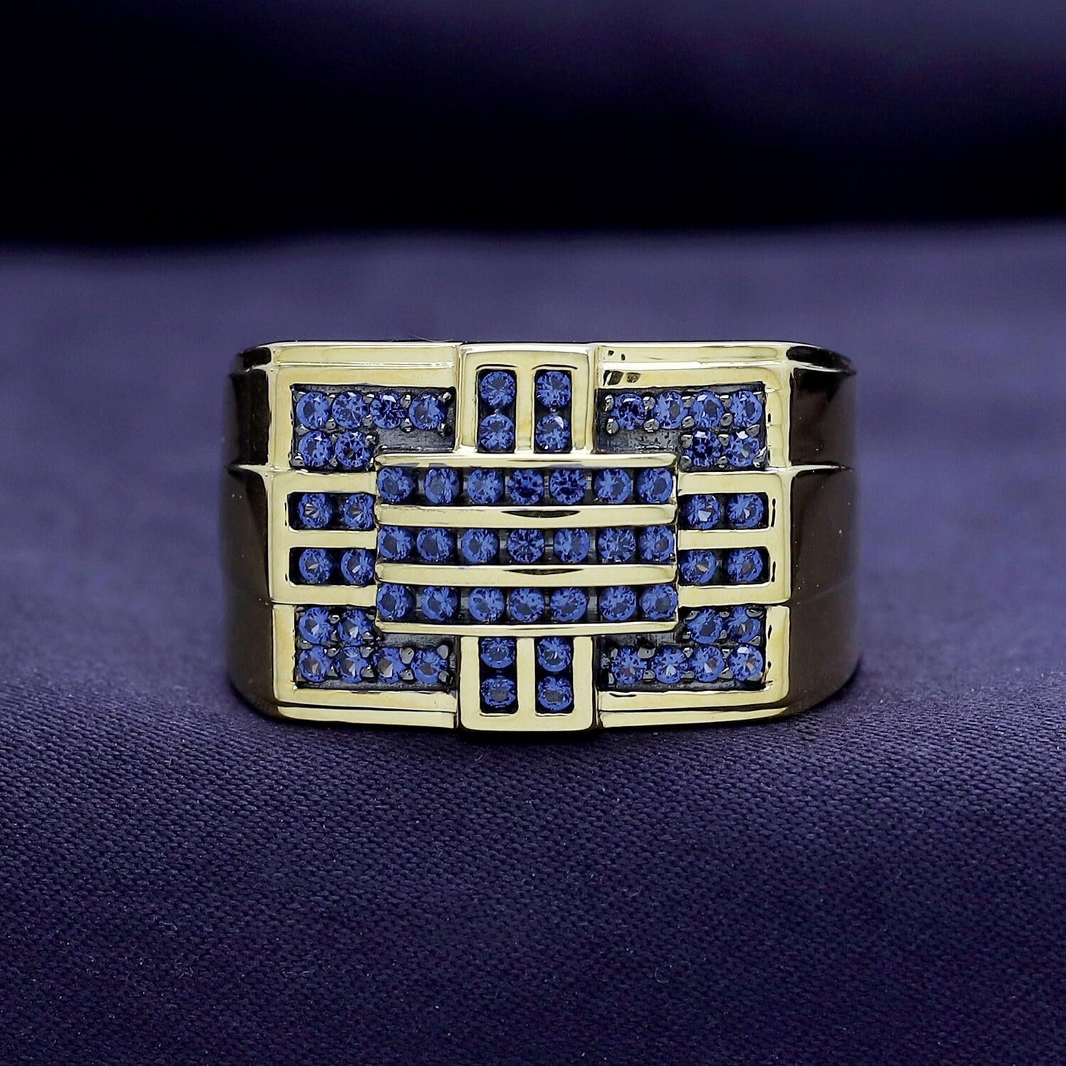 14K Gold Over Sterling Silver Round Cut Simulated Blue Sapphire Men's Band Ring - Elegant Jewelry Gift for Father's Day, Wedding, Anniversary & Special Occasions