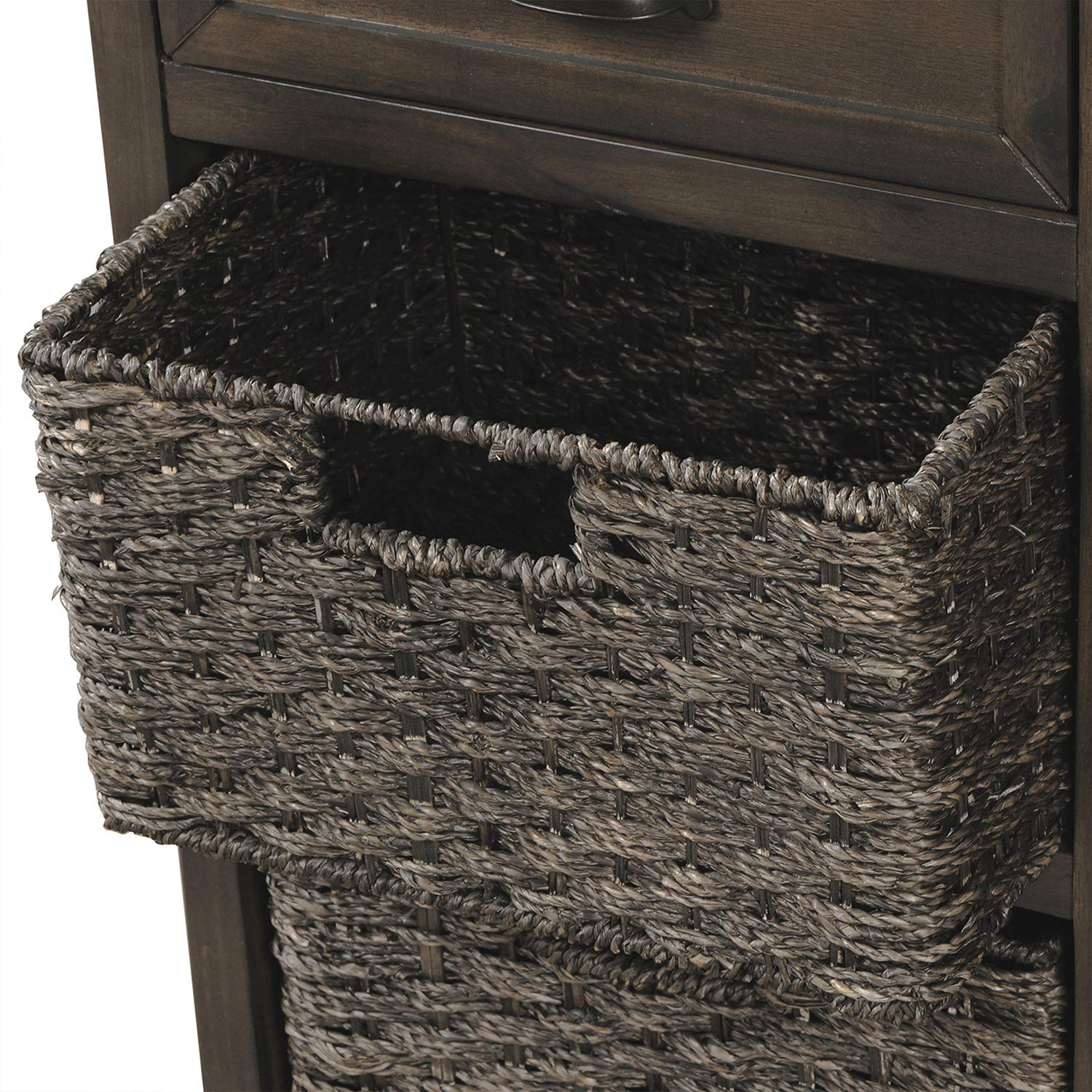 Rustic Light Gray Storage Cabinet with 2 Wood Drawers & 4 Wicker Baskets - P PURLOVE Entryway Organizer for Living Room, Kitchen, Bedroom | Farmhouse Home Decor & Closet Storage Solution