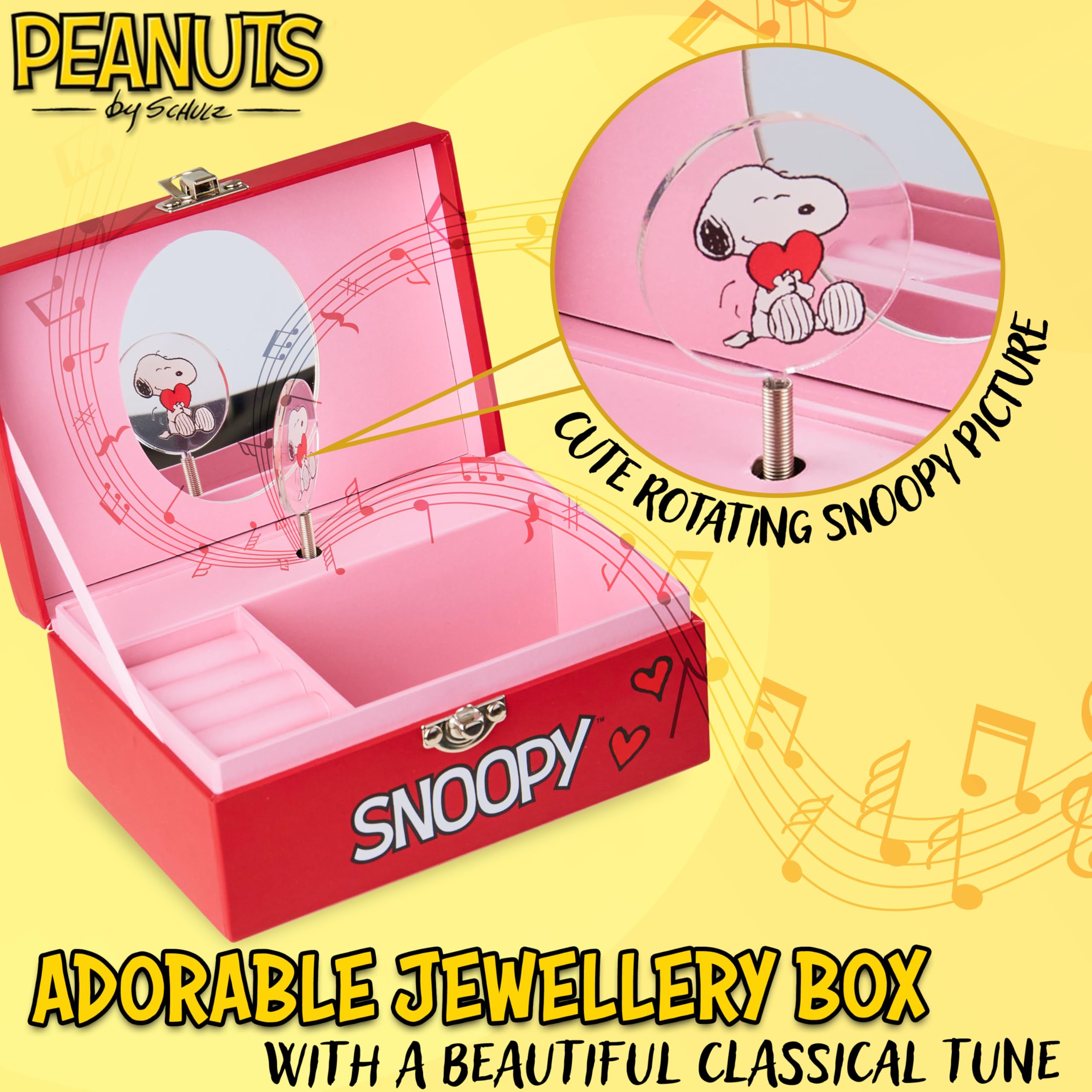 Peanuts Snoopy Musical Jewelry Box with Mirror & Storage Compartments - Cute Keepsake Gift for Girls, Teens, Women | Bedroom Decor, Birthday Present, Memory Box for Jewelry & Treasures