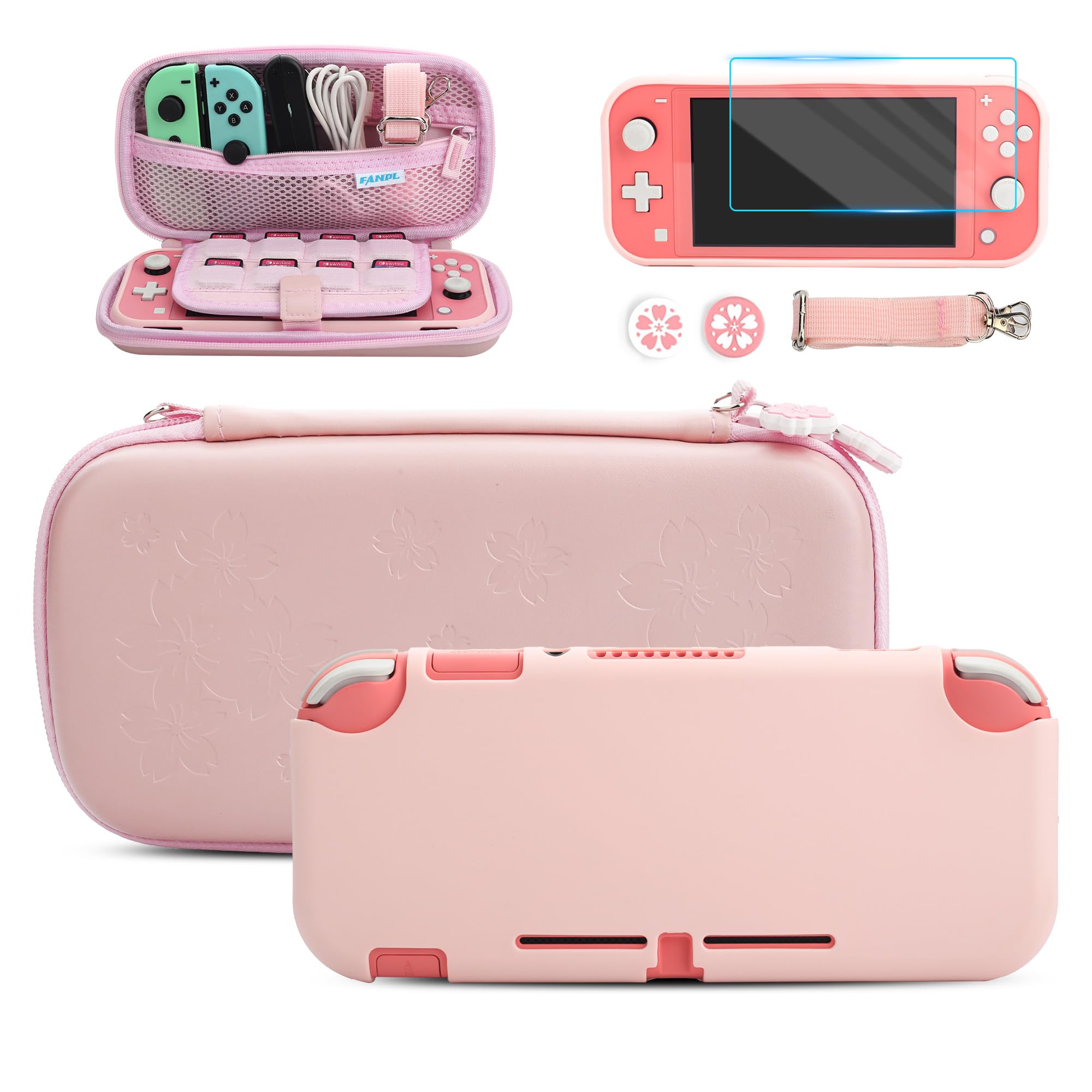 Premium Nintendo Switch Lite Accessories Bundle - Soft TPU Protective Case, Screen Protector, 2 Thumb Grips & Adjustable Shoulder Strap (Pink) | Perfect for Travel, Gaming On-The-Go & Switch Lite Protection