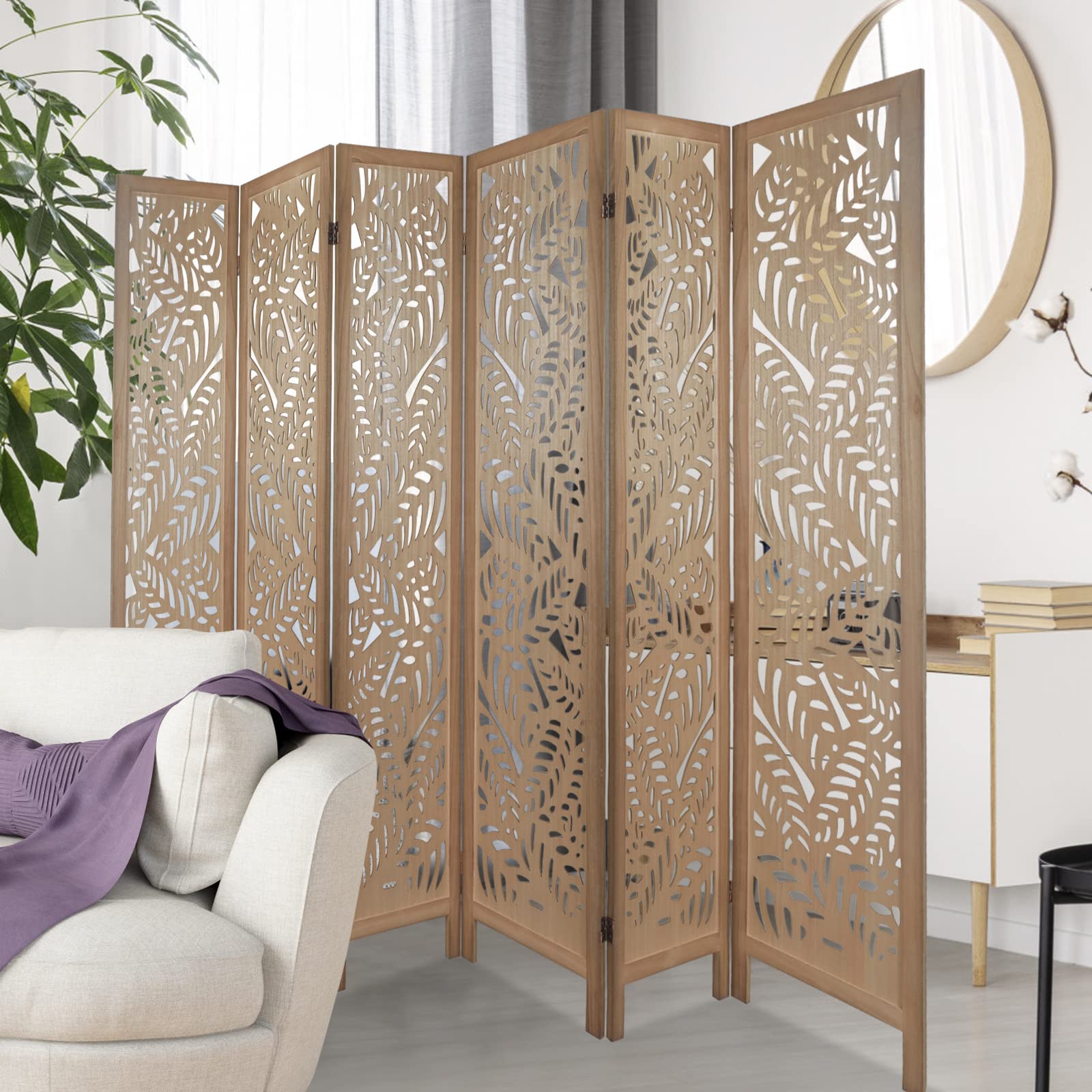 6 Panel Wooden Room Divider with Leaf Pattern - Hand Carved Folding Privacy Screen, Freestanding Partition for Home Decor, Bedroom, Office & Studio - Natural Home Decoration & Space Separator