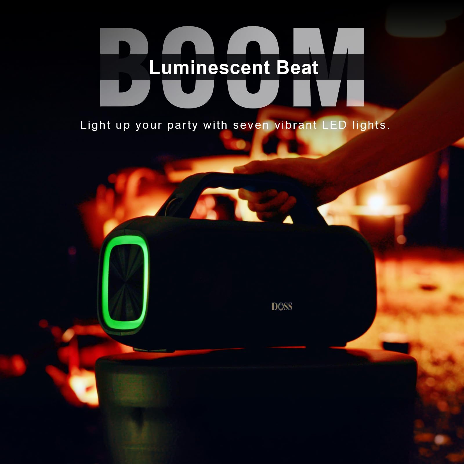 DOSS Extreme Boom S Bluetooth Speaker - 60W Wireless Portable Speaker with Stereo Sound, Rich Bass, IPX6 Waterproof, 25H Playtime, TWS & LED Lights - Perfect for Camping, Beach, Pool Parties, Hiking & Outdoor Adventures (Green)