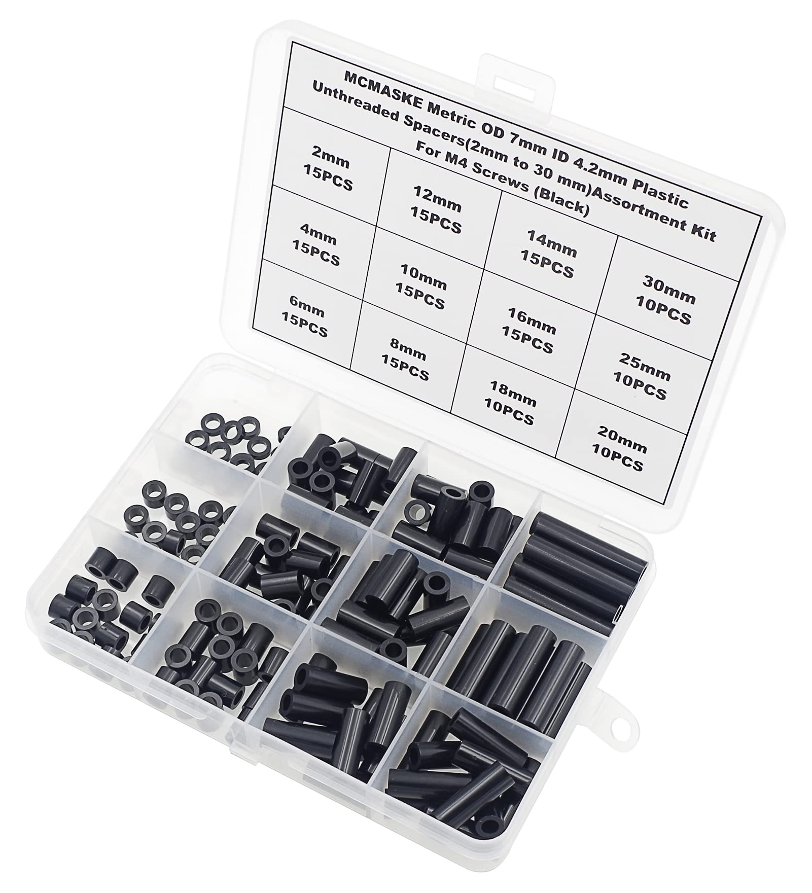 Metric OD 7mm ID 4.2mm Plastic Unthreaded Spacers (2mm-30mm) Assortment Kit for M4 Screws - Black Round Spacers & Clearance Spacers for DIY Projects, Electronics, and Machinery Assembly