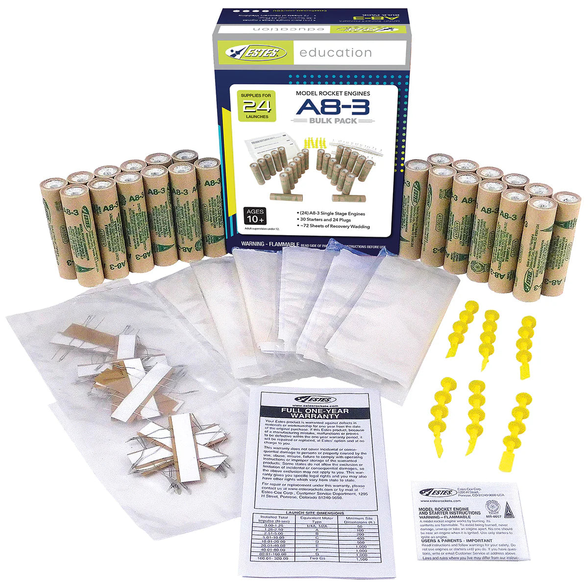 Estes A8-3 Model Rocket Engines Bulk Pack - 24 Engines with Starters, Igniters & Recovery Wadding (1781) | High-Power Rocketry for STEM Education, Hobbyists & Outdoor Adventures