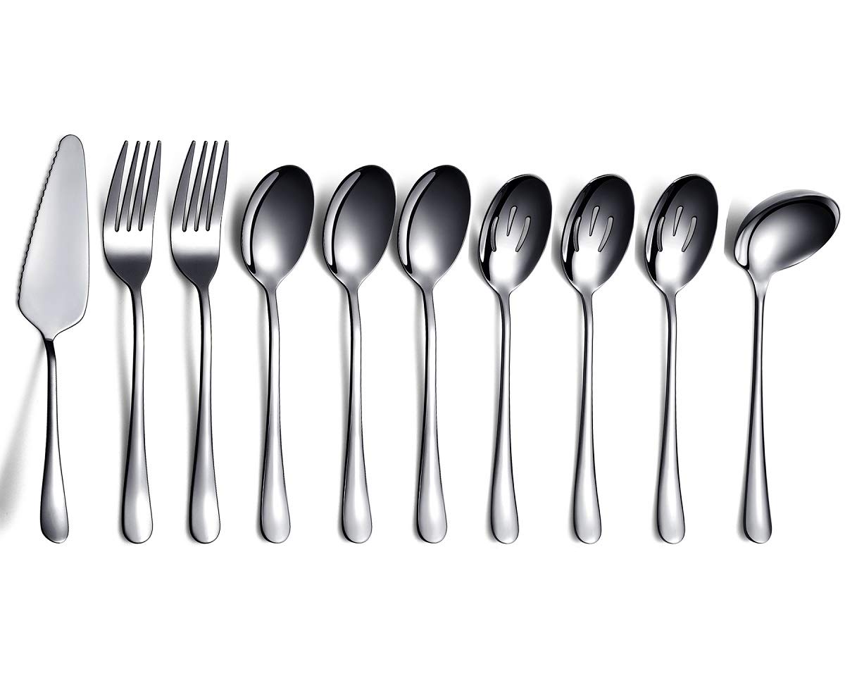 Premium 10-Piece Stainless Steel Flatware Serving Set - Black Kitchen Utensils with Slotted Spoon, Cake Server, Fork & Soup Ladle - Perfect for Dinner Parties, Catering & Home Entertaining