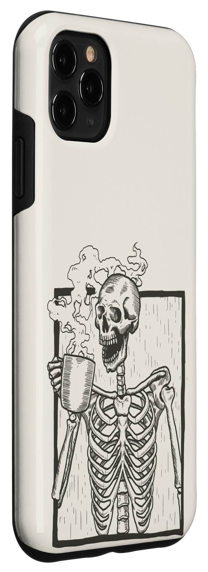 Vintage iPhone 11 Pro Max Case with Smiling Skull Drinking Coffee Design - Trendy Protective Cover for Daily Use, Office & Gifts
