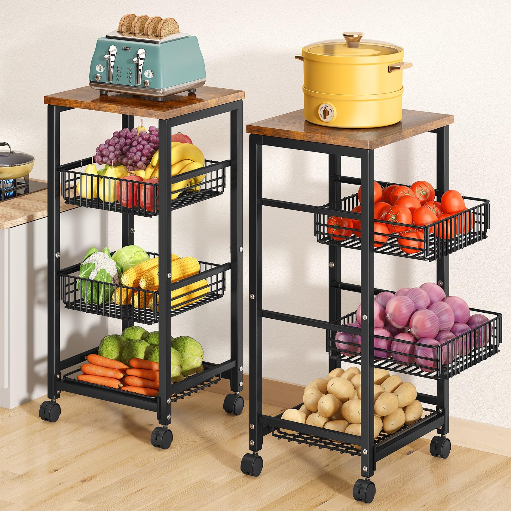 SNTD Pull Out Metal Wire Basket with Wood Top - Kitchen Pantry Organizer for Fruits, Vegetables, Onions, Potatoes & Snacks | Space Saving Storage Solution for Countertop, Cabinet or Pantry