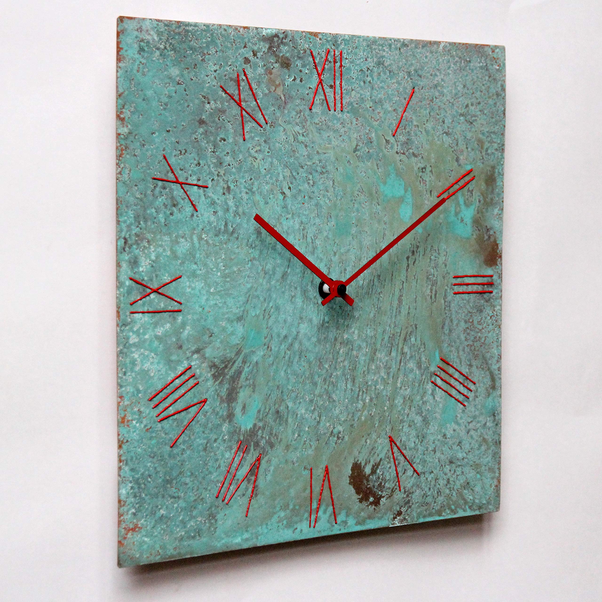 8-Inch Turquoise Copper Wall Clock - Large Square Silent Non-Ticking Handmade Rustic Decor | Perfect for Farmhouse, Southwest & Native American Style Homes | Ideal 7th Wedding Anniversary Gift for Kitchen, Living Room or Office Decor