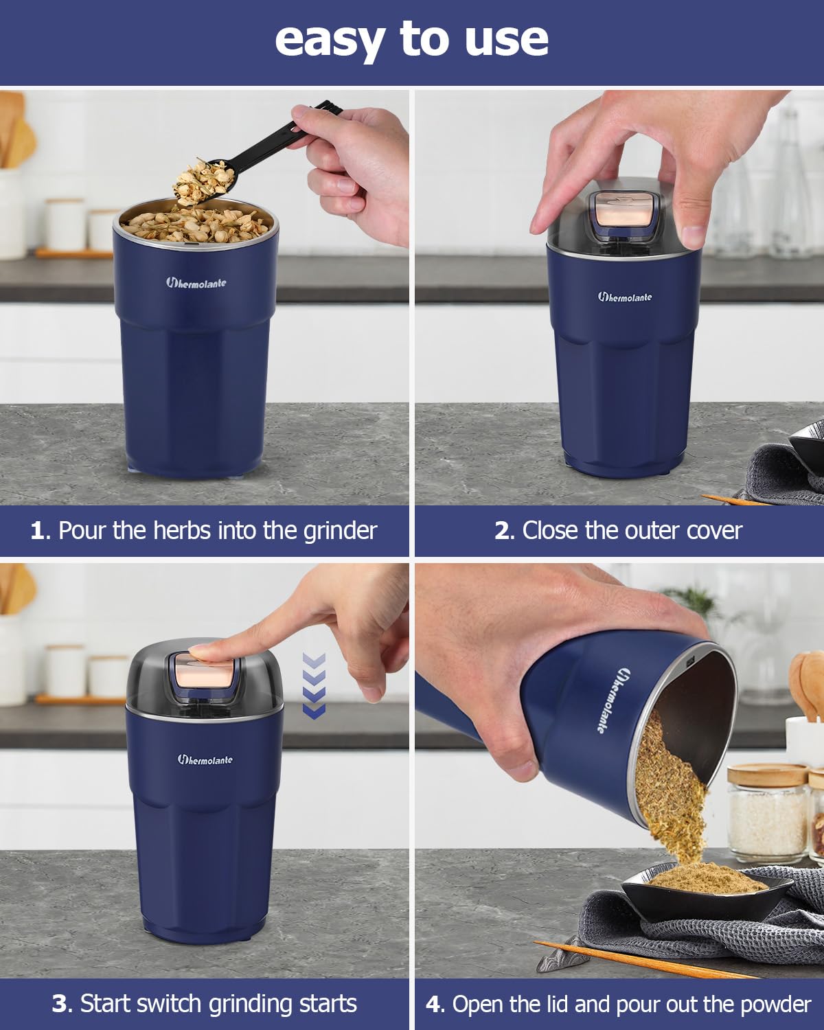 Premium Electric Herb Grinder - 304 Stainless Steel Blades & Cleaning Brush Included - Perfect for Grinding Herbs, Spices, Coffee, Nuts & Seeds - Ideal for Kitchen, Camping & Travel Use