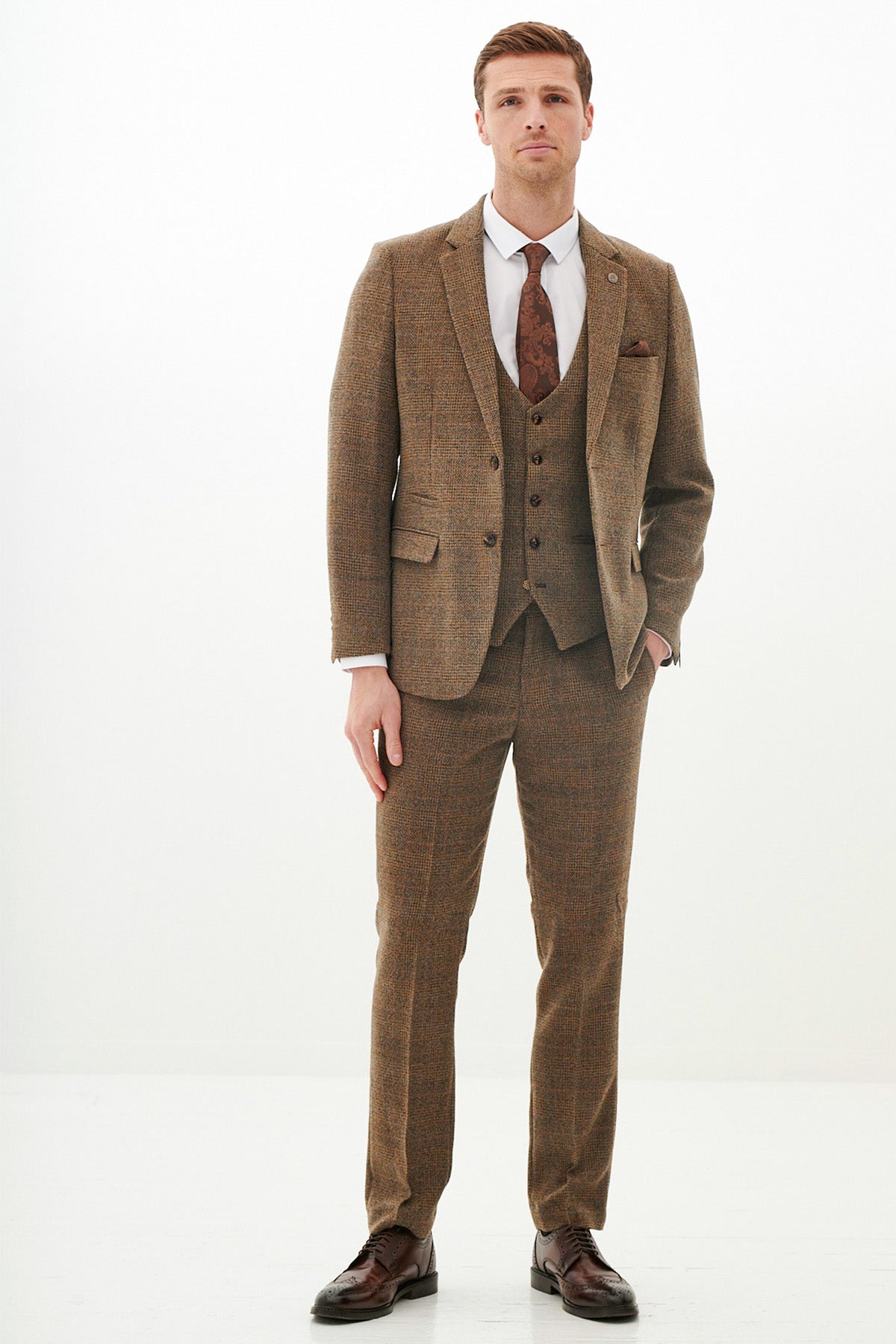 KRIS Tan Tweed Three Piece Suit for Men - Premium Wool Blend Formal Business Suit Set - Perfect for Office, Weddings & Special Occasions