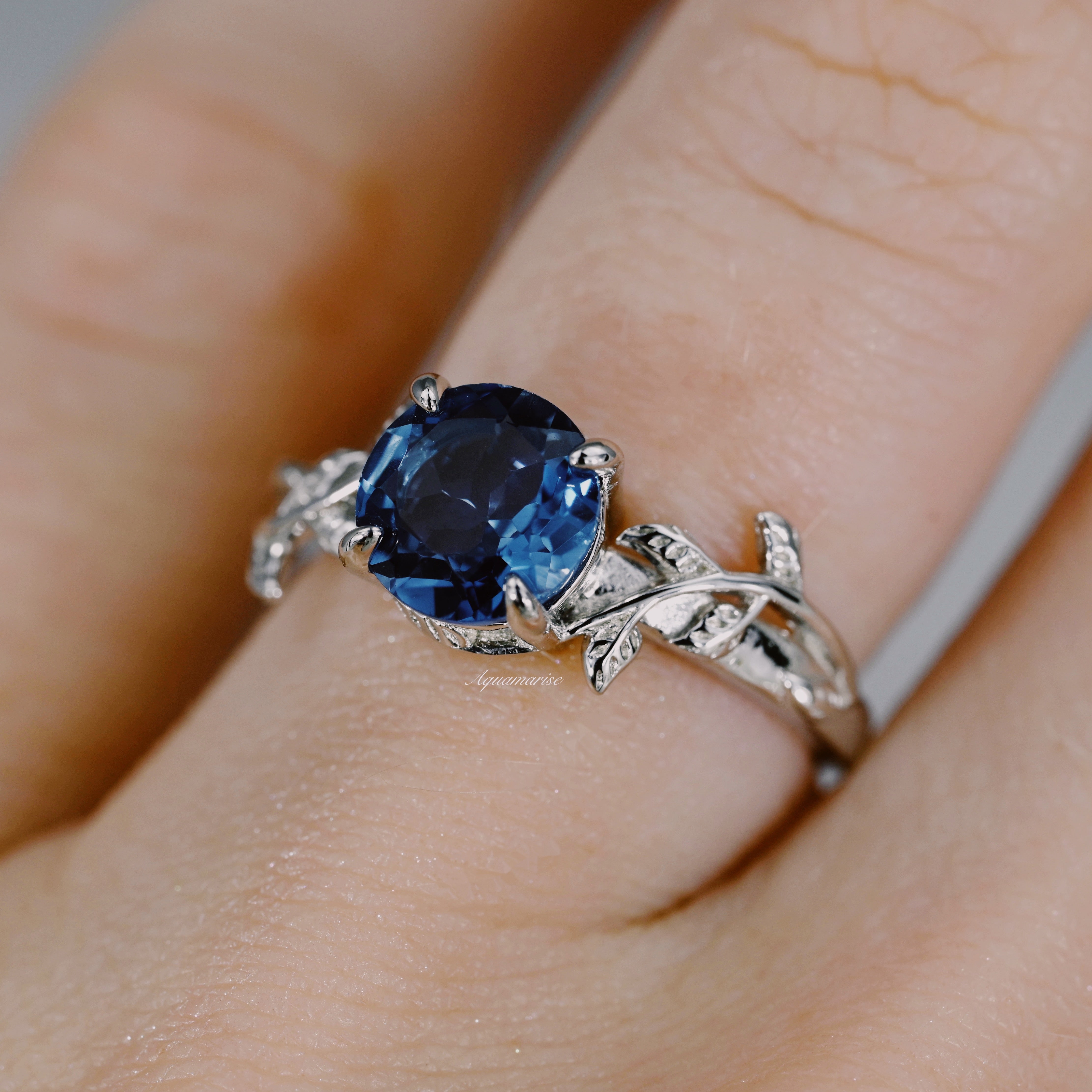14K White Gold London Blue Topaz Leaf Ring - Elegant Nature-Inspired Jewelry for Women, Perfect for Weddings, Anniversaries & Special Occasions