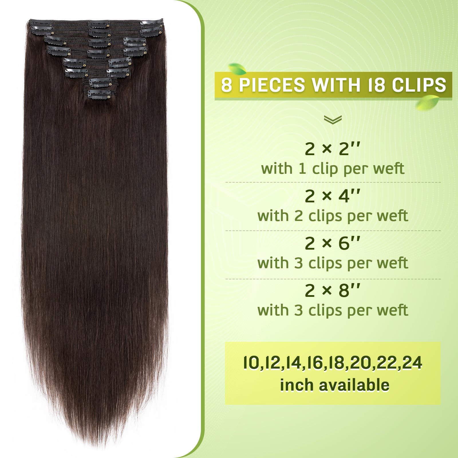 MY-LADY 14 Inch Double Weft Clip-in Human Hair Extensions - 8pcs Dark Brown (120g) 18 Clips Grade 7A Silky Straight #2 - Perfect for Volume, Length & Styling for Parties, Weddings & Daily Wear