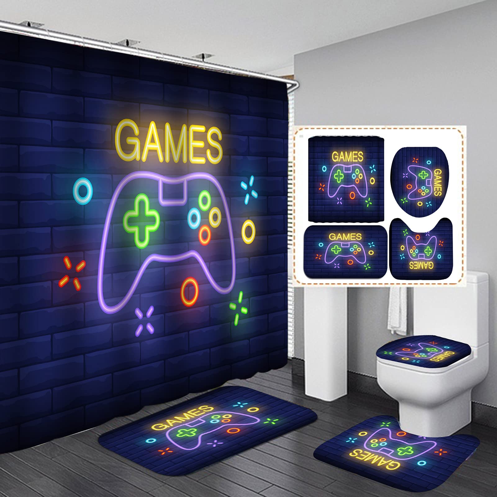 Video Game Themed Shower Curtain Set with Matching Bath Rug - 72x72 Inch Blue Gamer Bathroom Decor - Perfect for Gaming Enthusiasts' Bathrooms & Man Caves