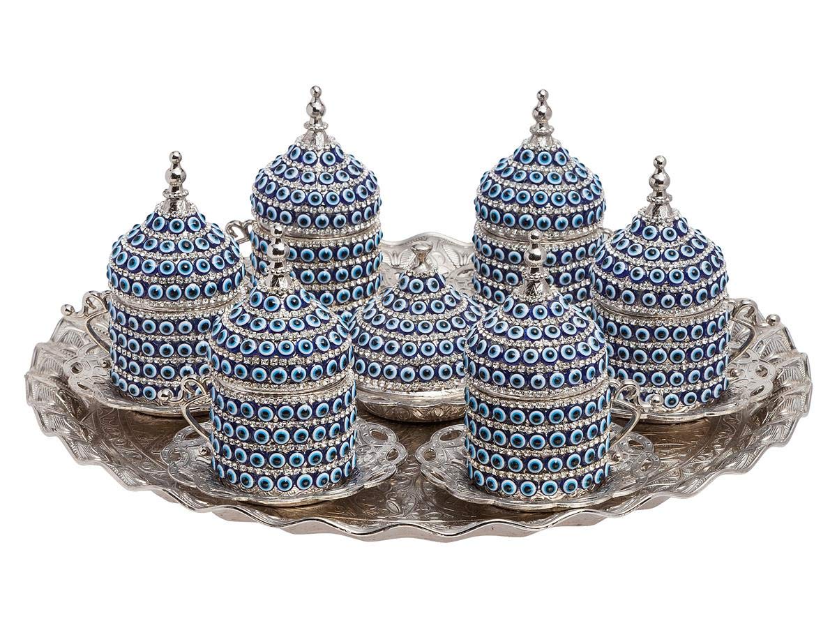 Evil Eye Espresso Coffee Cup Set with Saucer, Lid & Tray - 6 Piece Porcelain Turkish Arabic Greek Silver Coffee Cups for Women & Men - Perfect for Home, Office, Wedding Gifts & Boho Decor