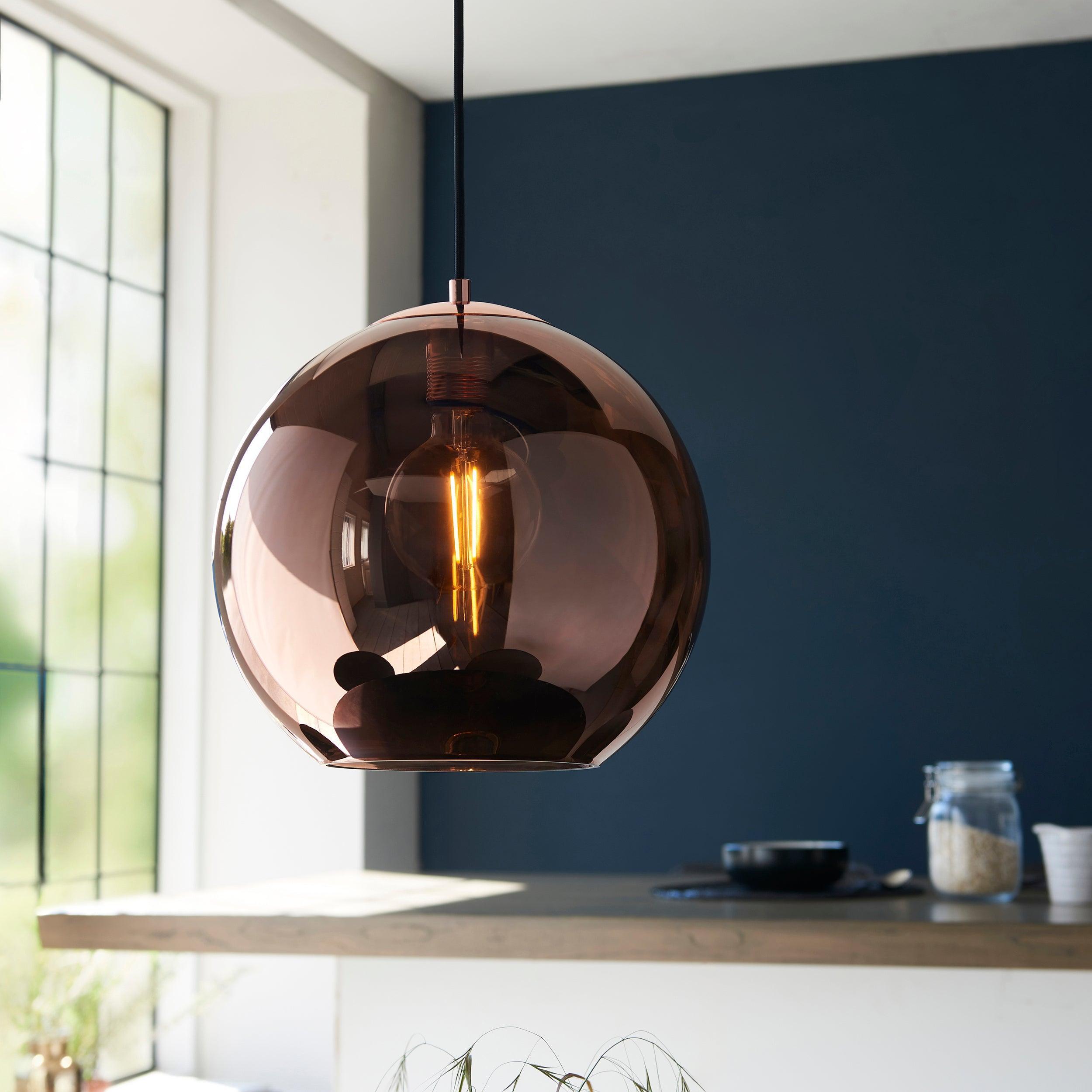 Boli Copper Mirrored Glass Ceiling Pendant Light - Vintage Industrial Style Hanging Fixture for Dining Room, Kitchen Island & Bedroom Lighting