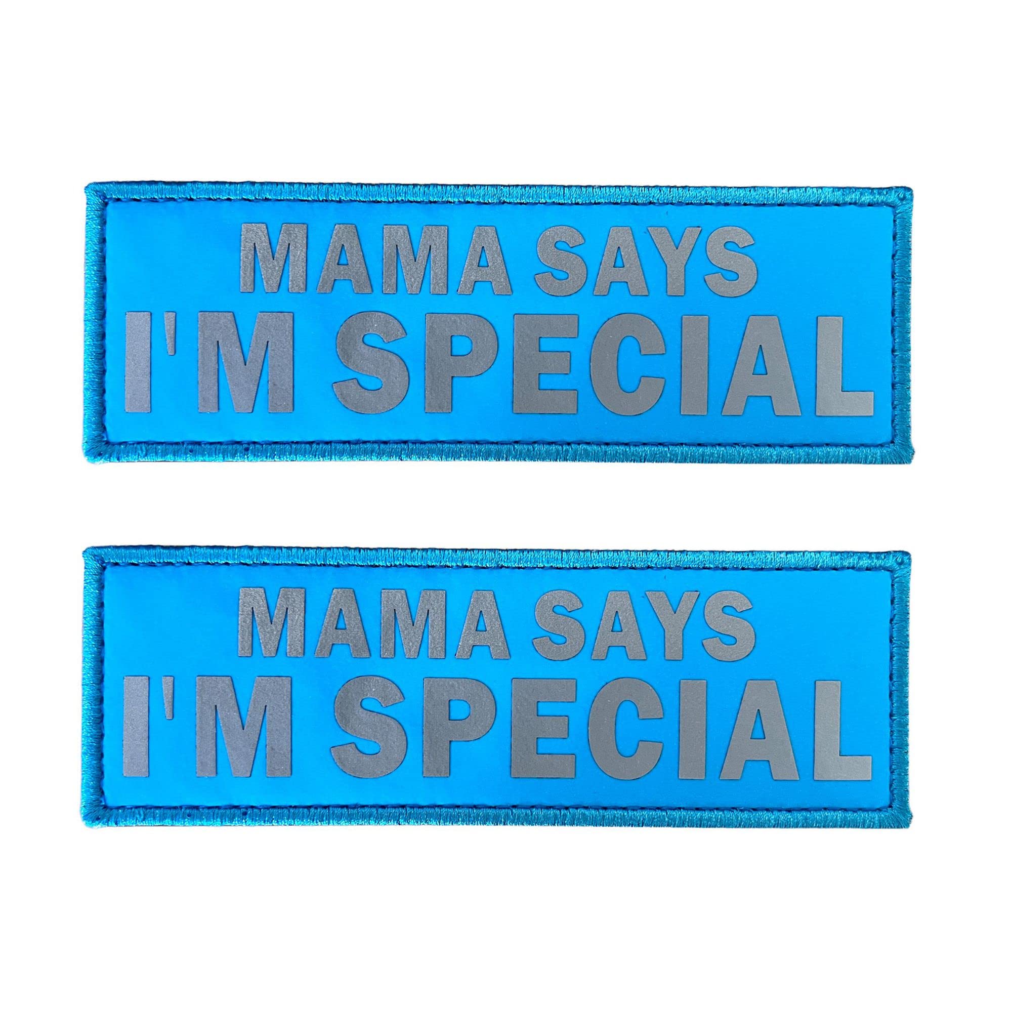 JUJUPUPS 2 Pack Glow in Dark & Reflective Dog Training Patches - DO NOT PET Tags with Hook & Loop for Vests & Harnesses (Mama Says I'm Special, Blue) | Perfect for Night Walks & Safety Training