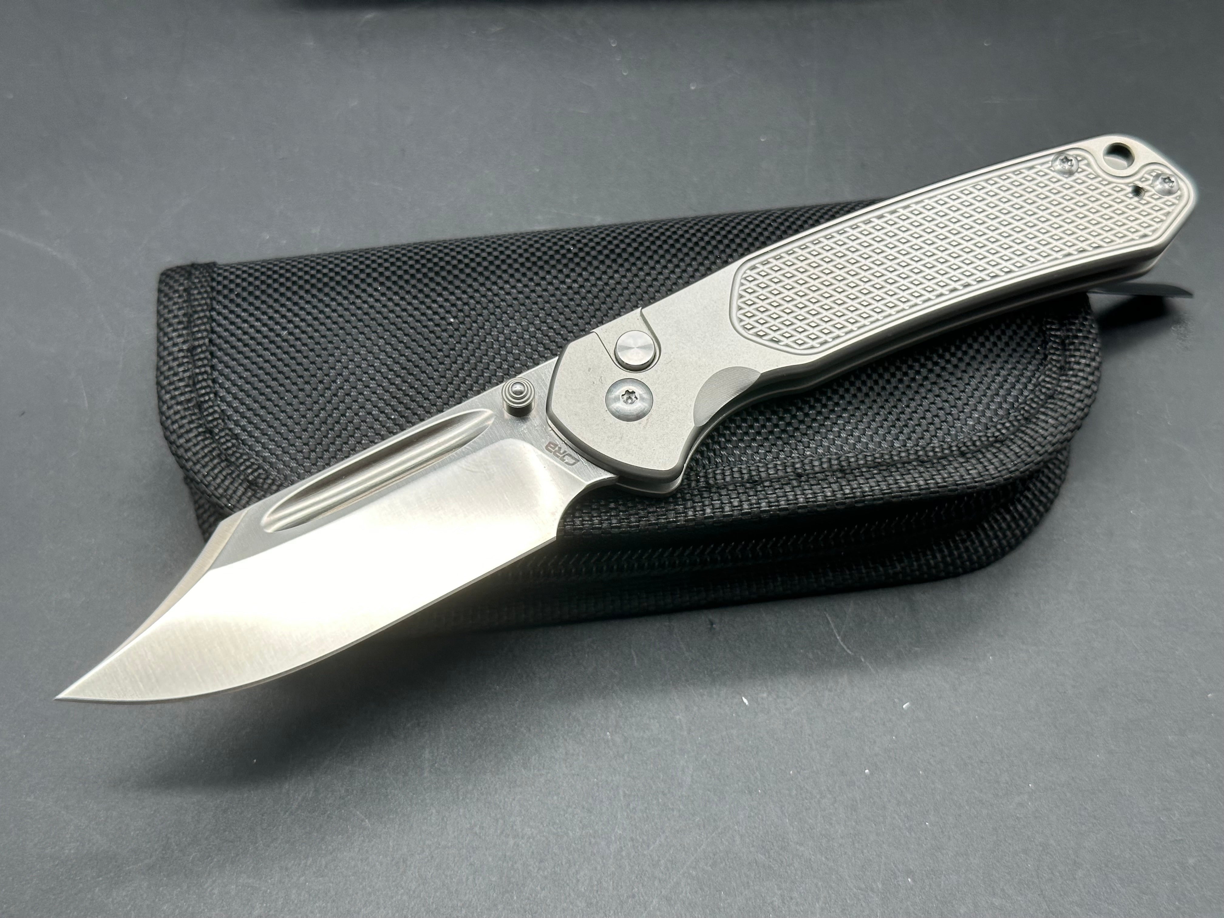 CJRB Bowie Pyrite Button Lock Folding Knife - Textured Gray Titanium Handle, 3.2