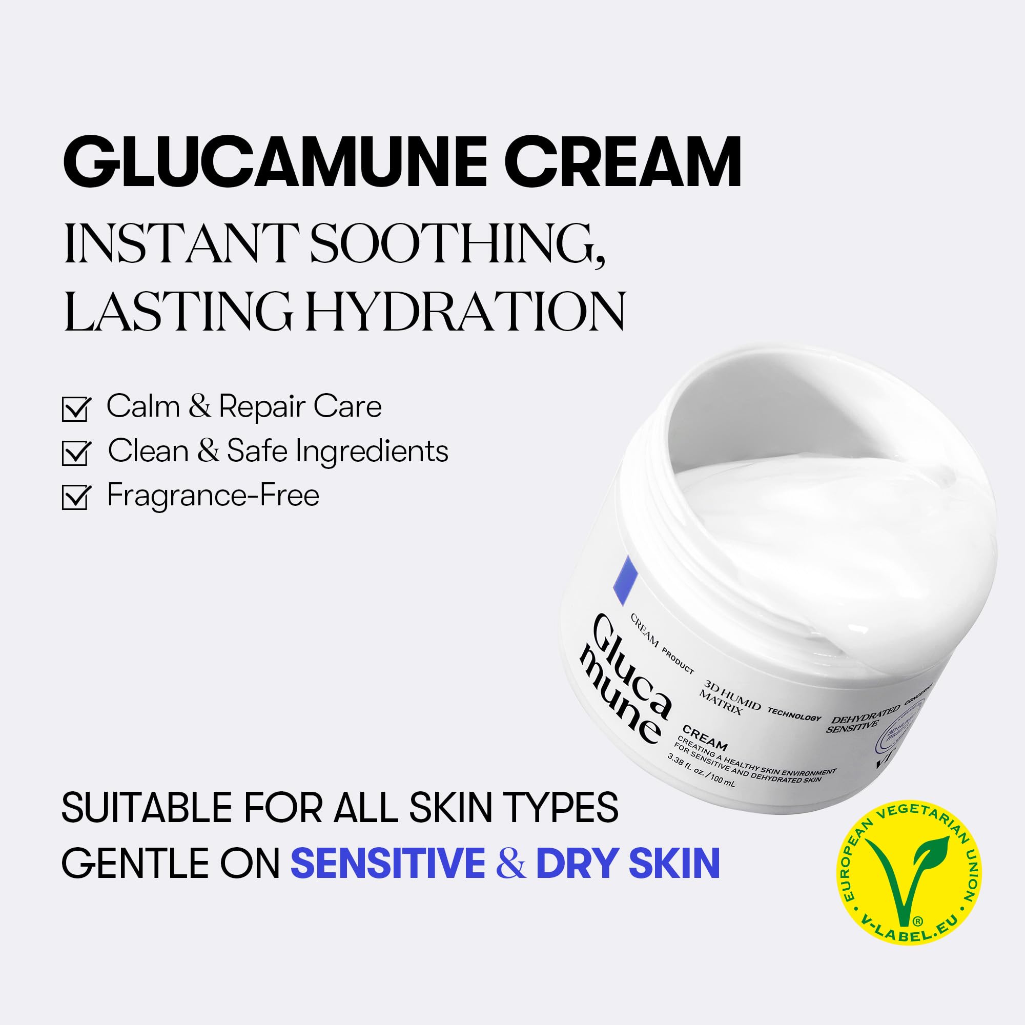 VT COSMETICS Glucamune Cream - Vegan Hydrating Face Moisturizer for Dry & Sensitive Skin | Hypoallergenic, Fragrance-Free with Beta-Glucan & Glucosamine | Korean Skincare for Glass Skin Glow (3.38 fl Oz) | Perfect for Daily Hydration & Nighttime Skincare Routine