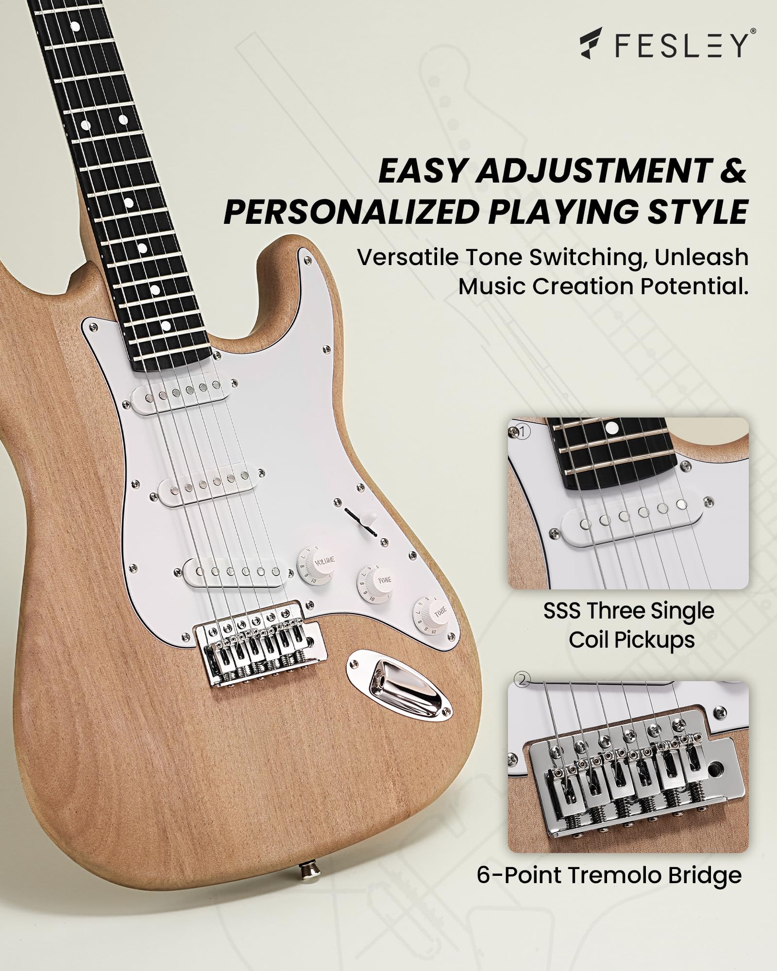 Fesley DIY Electric Guitar Kit - Mahogany Body & Maple Neck, 6-String ST Style Guitar with Techwood Fretboard & SSS Pickups - Perfect for Beginners to Build Their Own Custom Guitar | Great for Home Practice, Music Lessons & Rock Performances