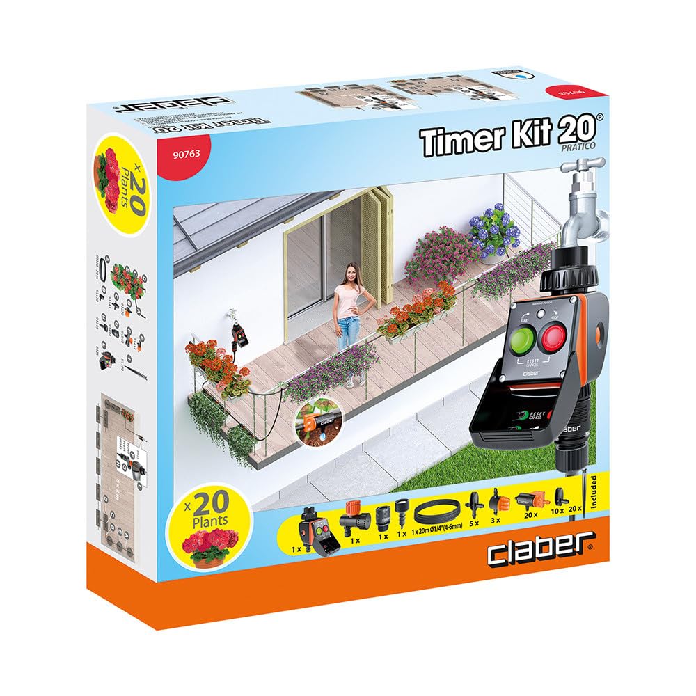 Claber 90763 Automatic Water Timer Kit - 20 Zone Irrigation System for Garden, Lawn & Plants | Easy Installation & Efficient Watering Solution