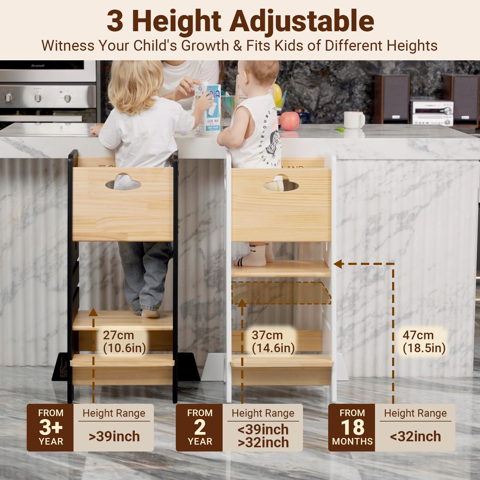 COSYLAND Adjustable Toddler Learning Tower - Sturdy Wooden Kitchen Helper Stool for Kids with 3 Height Levels (Natural & Black) - Perfect for Baking, Cooking & Learning Independence in the Kitchen